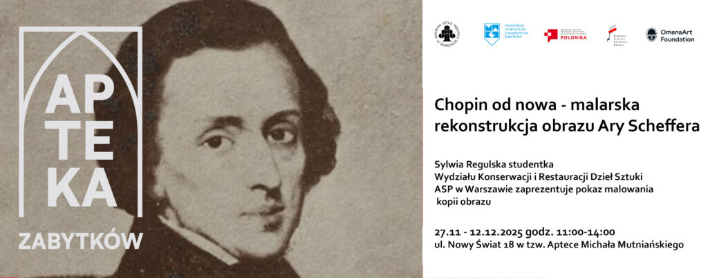 Fragment starego wizerunku mężczyzny po lewej, z nałożonym logo „Apteka Zabytków”. Po prawej tekst zapowiadający pokaz malowania rekonstrukcji obrazu oraz informacje organizacyjne.