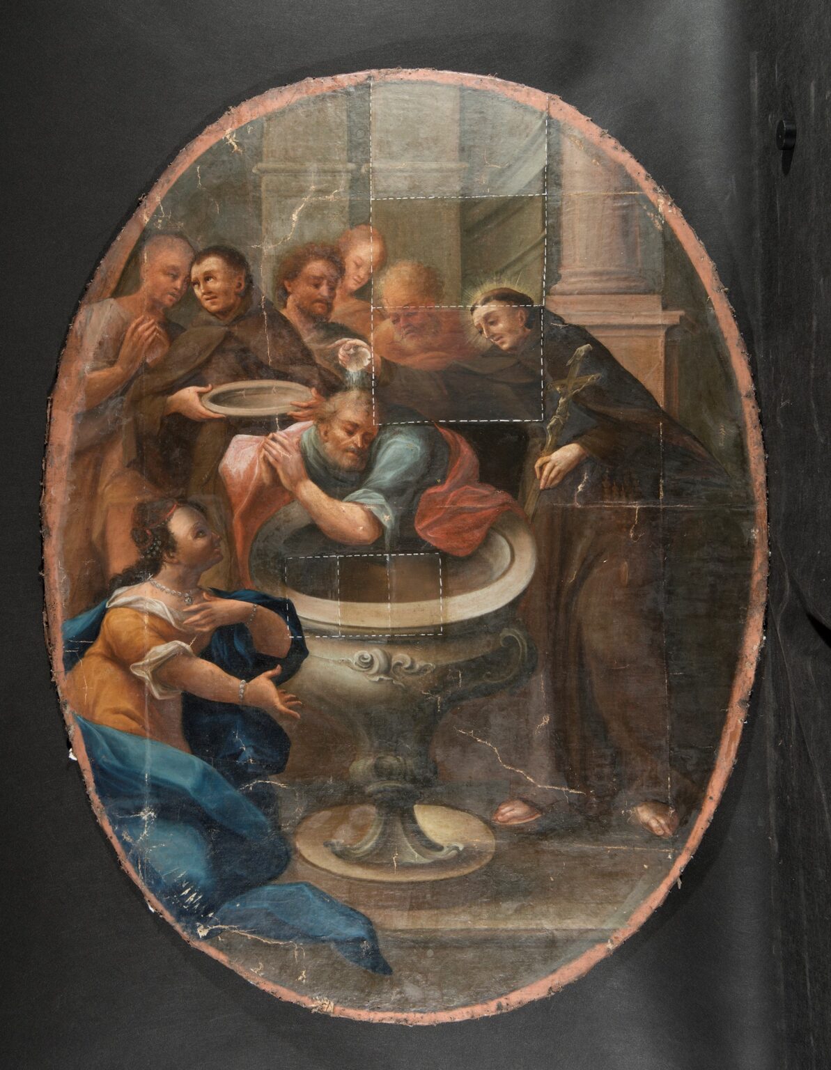 Lico obrazu w trakcie oczyszczania z pożółkłego werniksu oraz usuwania pociemniałych retuszy. Widoczne próby oczyszczania wykonane odpowiednio dobranymi rozpuszczalnikami i mieszankami chemicznymi.