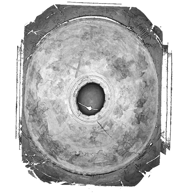 Skan laserowy kopuły kaplicy bł. Ładysława z Gielniowa, stan przed konserwacją. Widok chmury punktów w płaszczyźnie poziomej.