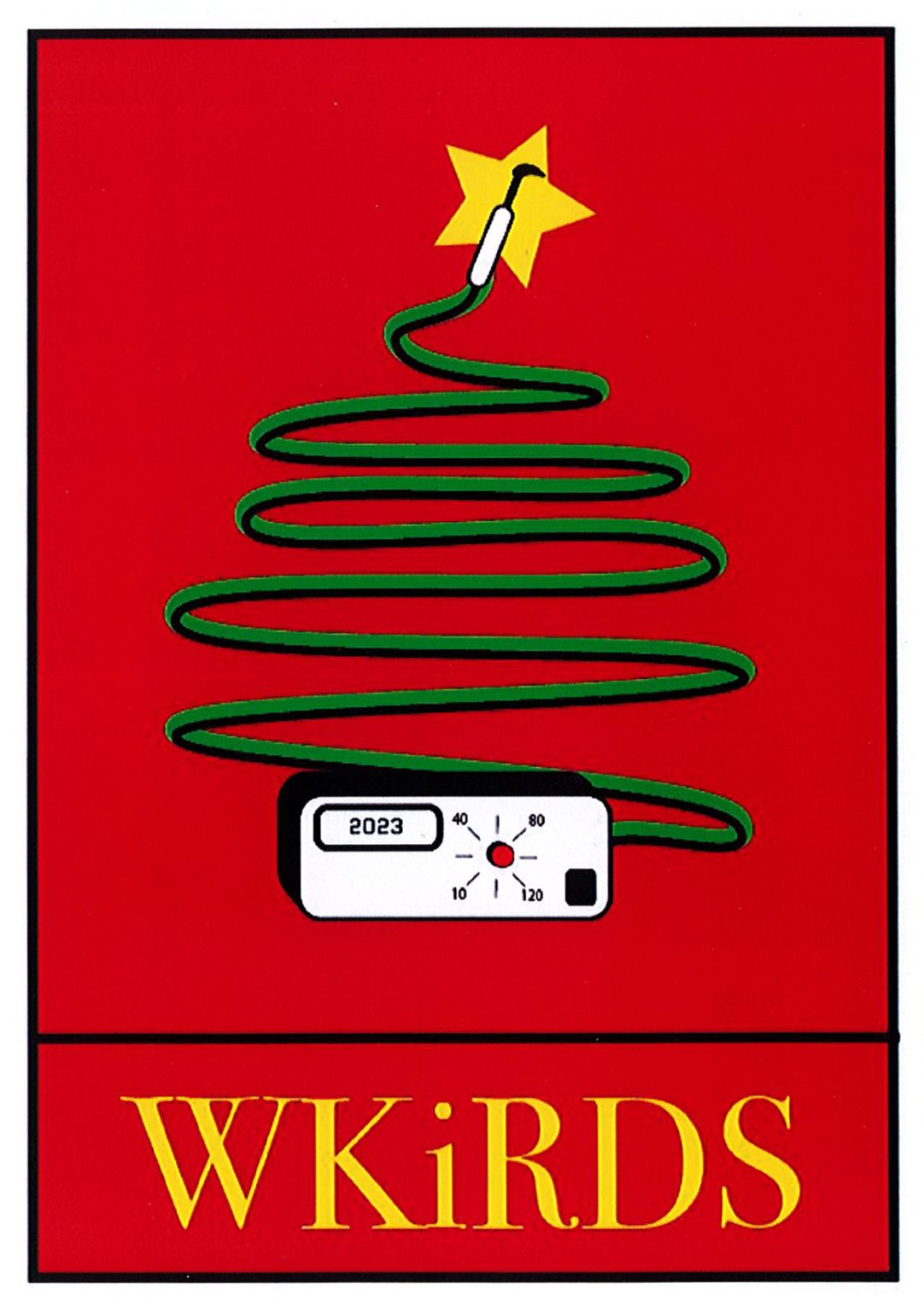 kartka świąteczna, na czerwonym tle, kauter z którego kabla układa się kształt choinki, na dole napis WKiRDS