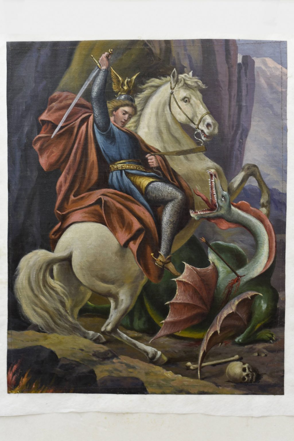 Św. Jerzy, obraz z chorągwi twierdzy "MODLIN", stan po konserwacji