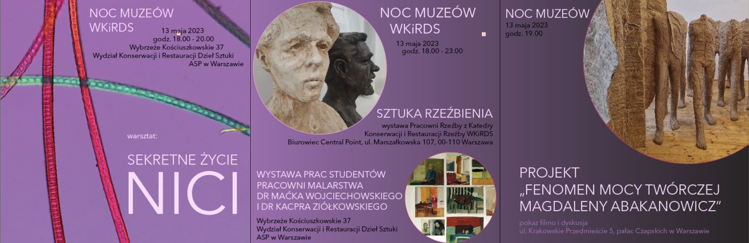 plakat promujący wydarzenie, na fioletowym tle białe napisy. W okręgach zdjęciach rzeźb i zbliżenia mikroskopowe na nic
