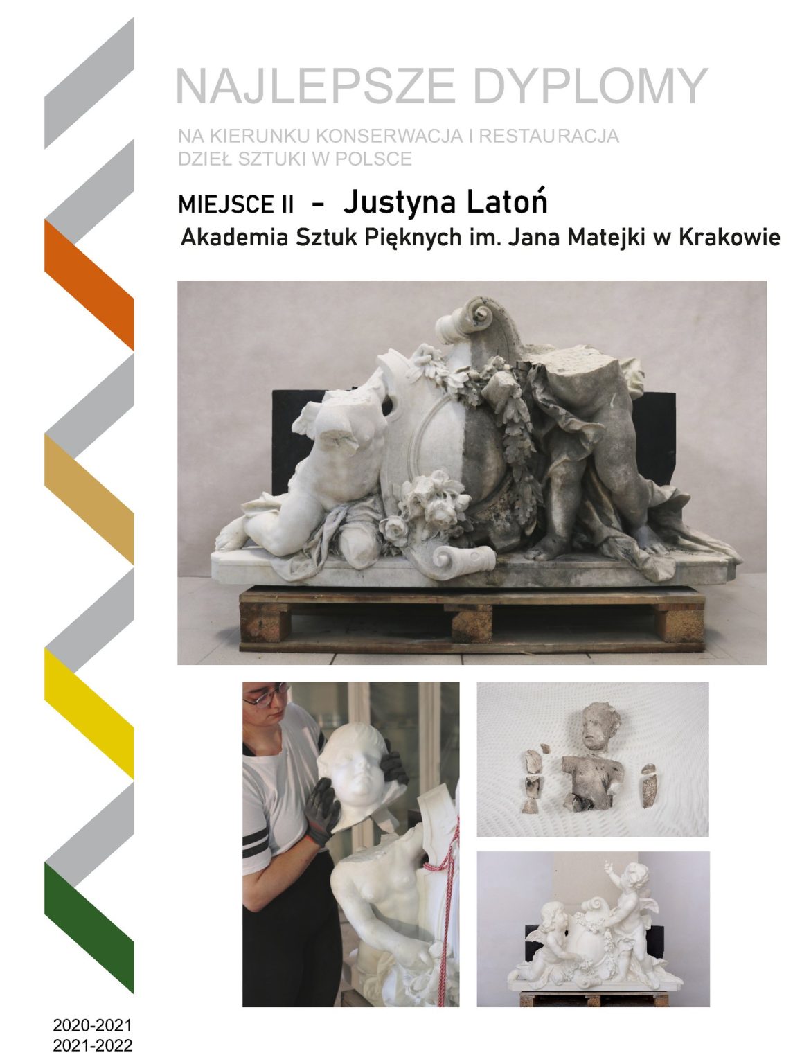 plakat przedstawiający przebieg prac na konserwacją rzeźby z ceramiki. Ciemne litery na białym tle, po lewej kolorowa wstęga