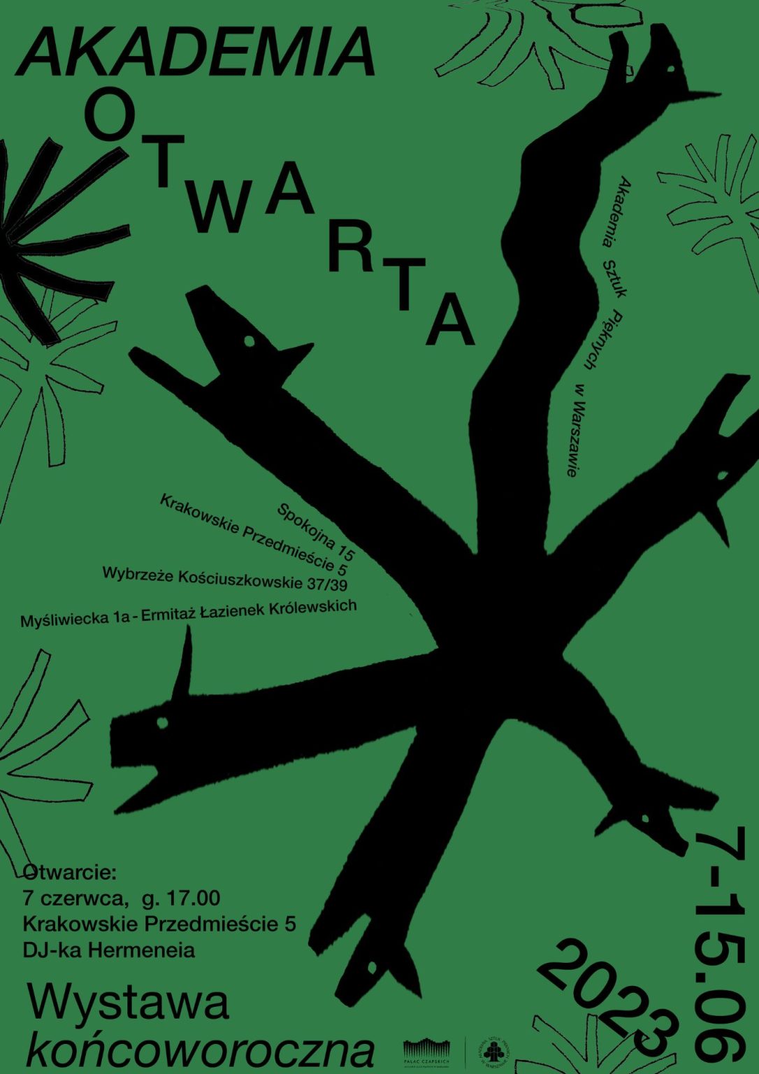 plakat wystawy, zielone na tło a na nim czarny kształt w kształcie rozgwiazdy zakończony głowami wilków.