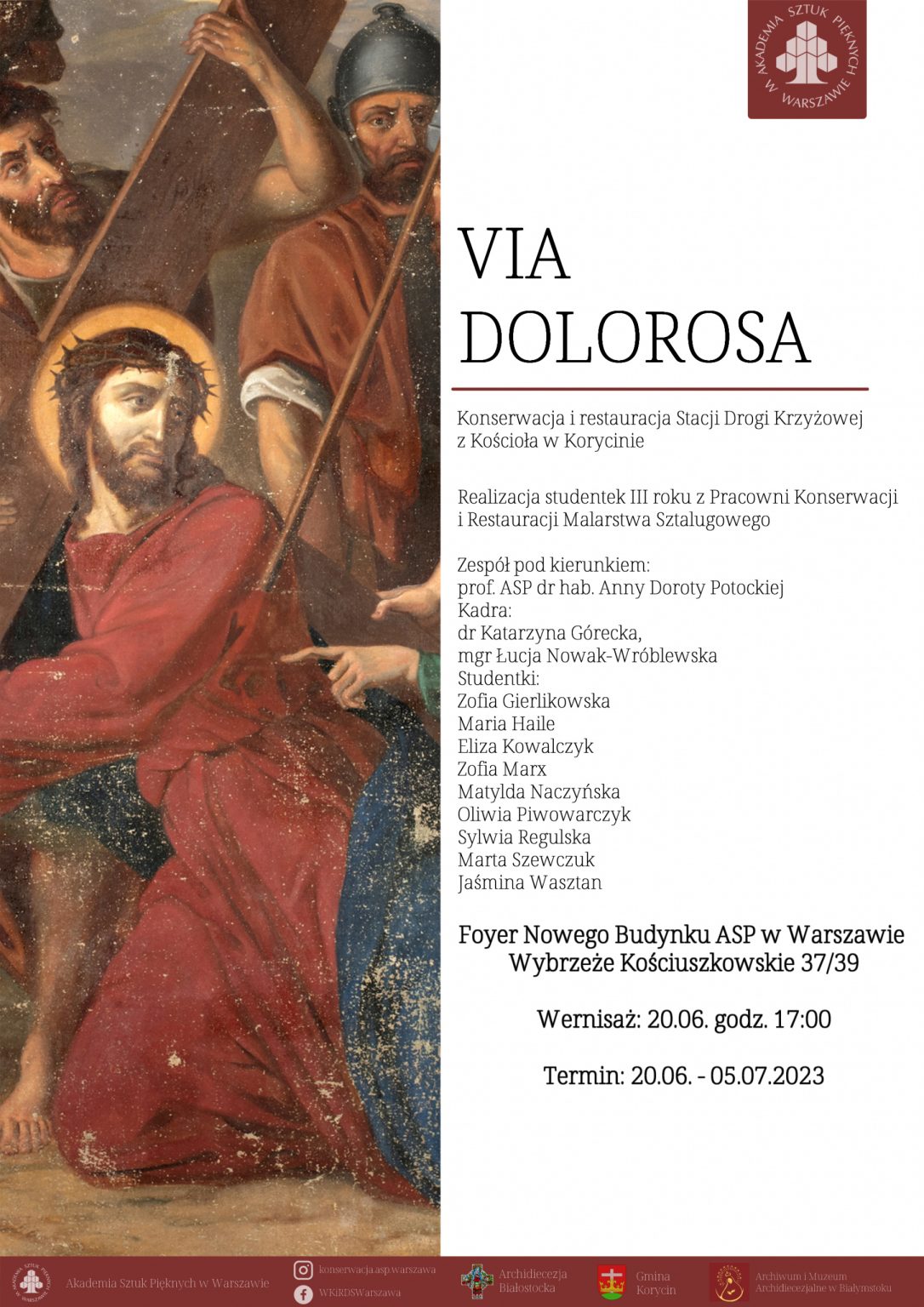 plakat wystawy przedstawiający po lewej stronie fragment obrazu z Jezusem dźwigającym krzyż, Po prawej czarne litery na białym tle.