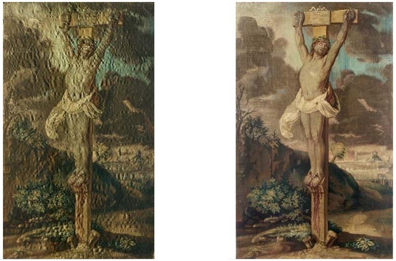 Obraz gobelinowy z przedstawieniem Ukrzyżowania - Polska ok. 1750 r. - warsztat Fracoise Glaize - wym: 96 x 58,5 cm Muzeum Narodowe w Warszawie