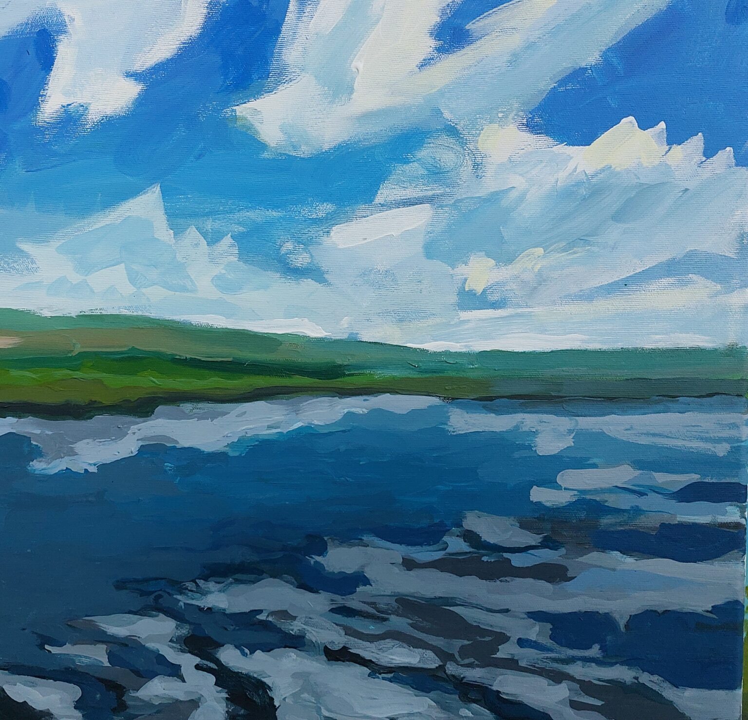 pejzaż przedstawiający fragment rzeki z falami, zachmurzone błękitne niebo. Obraz malowany ekspresyjnie