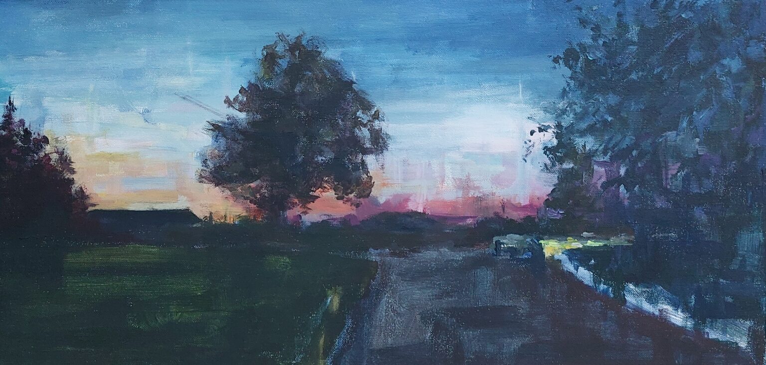 nokturn, pejzaż nocny, zachodzące fioletowo pomarańczowe słońce nad horyzontem. Na drugim planie ciemne sylwetki koron drzew