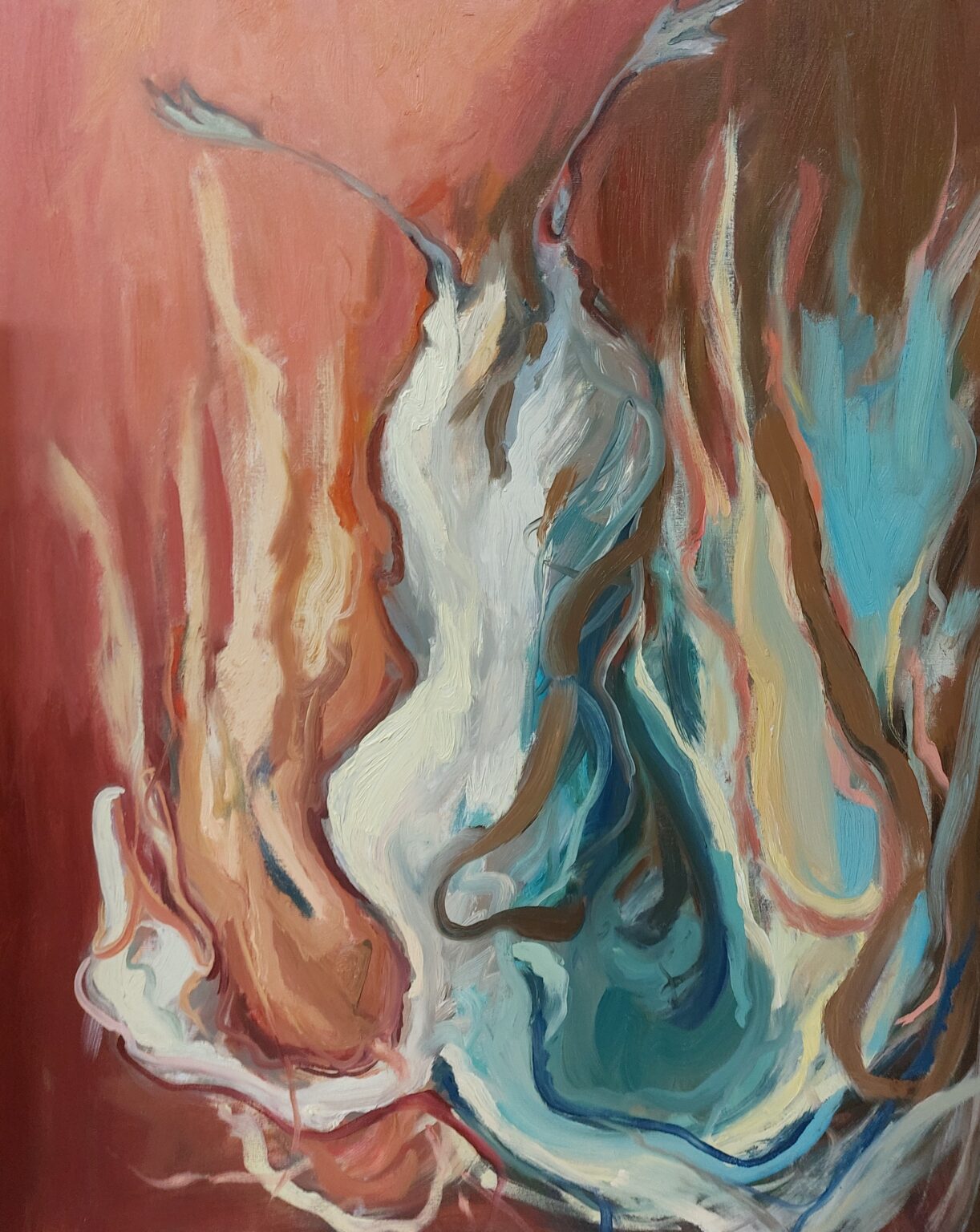 ekspresyjnie malowany obraz utrzymany w kolorach brązów i błękitów przedstawiający martwego ptaka