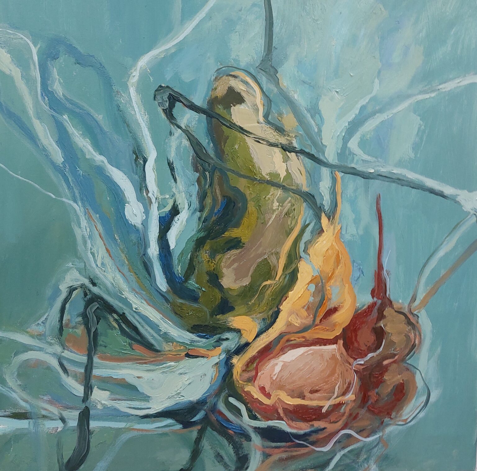 abstrakcyjny obraz, przedstawiający zieloną i czerwono żółtą organiczną formę. Niebiesko tło.