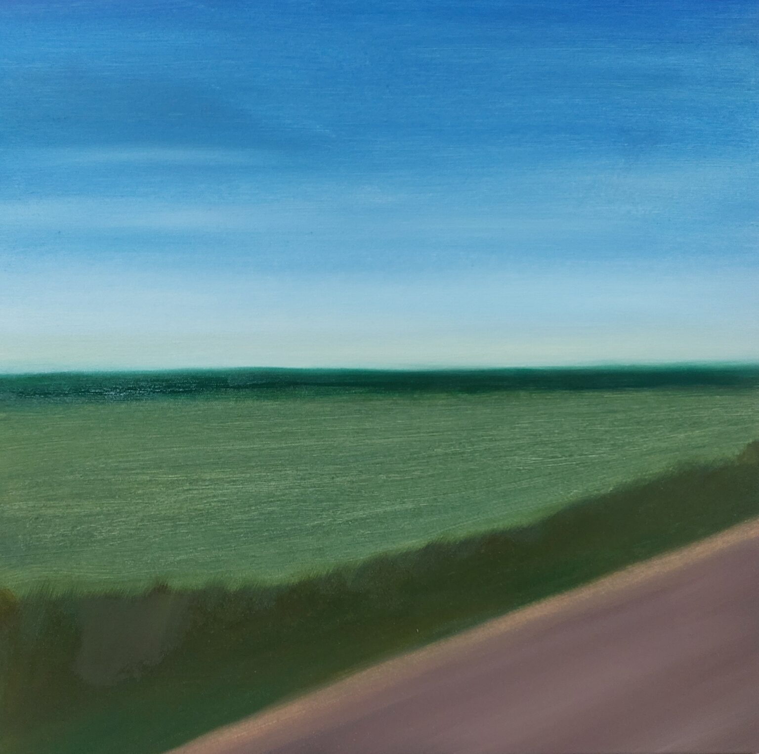 pejzaż przedstawiający błękitne niebo, zieloną łąkę i fragment brązowej drogi