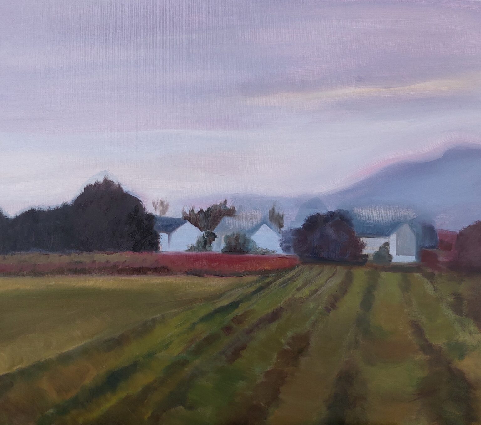 pejzaż wiejski, przedstawiający domy i łąkę na pierwszym planie