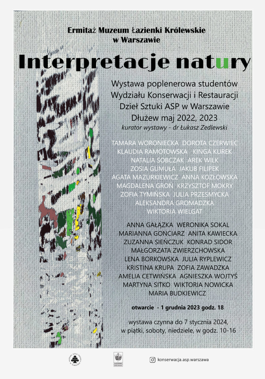 plakat wystawy poplenerowej. Na szarym tle czarne i białe litery. Po lewej stronie abstrakcyjna forma złożona z czarnych i zielonych plam