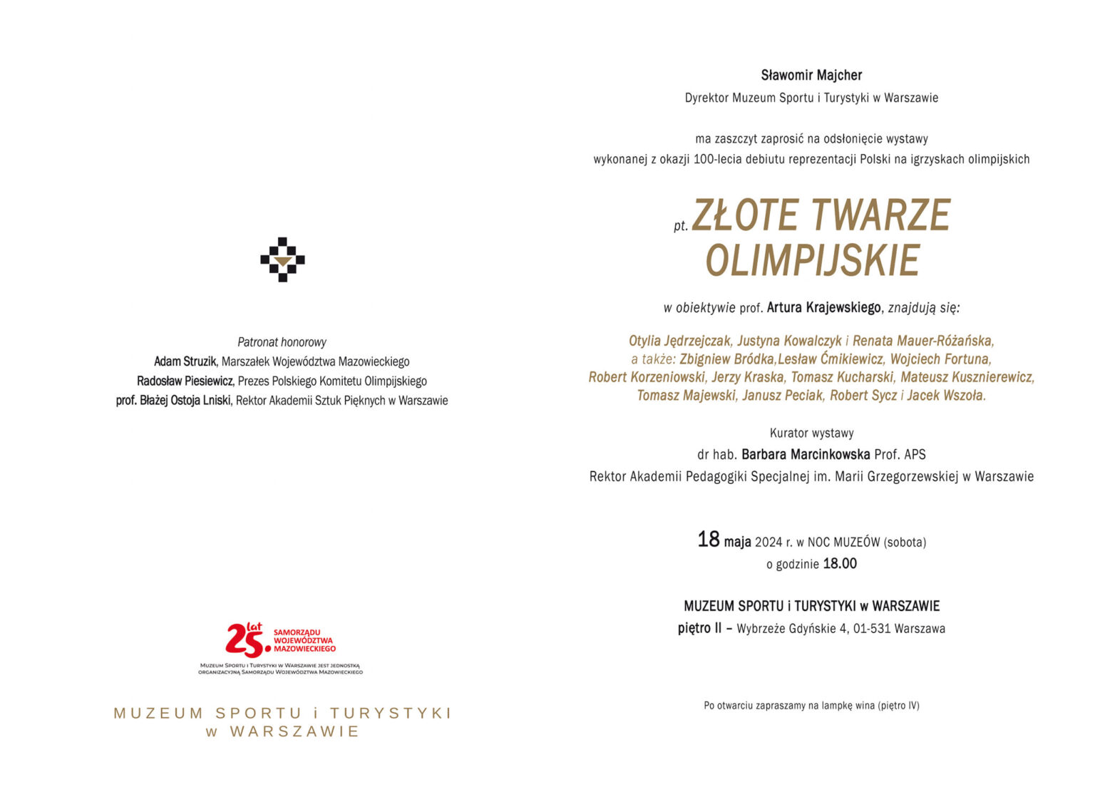 zaproszenie na wystawę, czarne i złote litery na białym tle