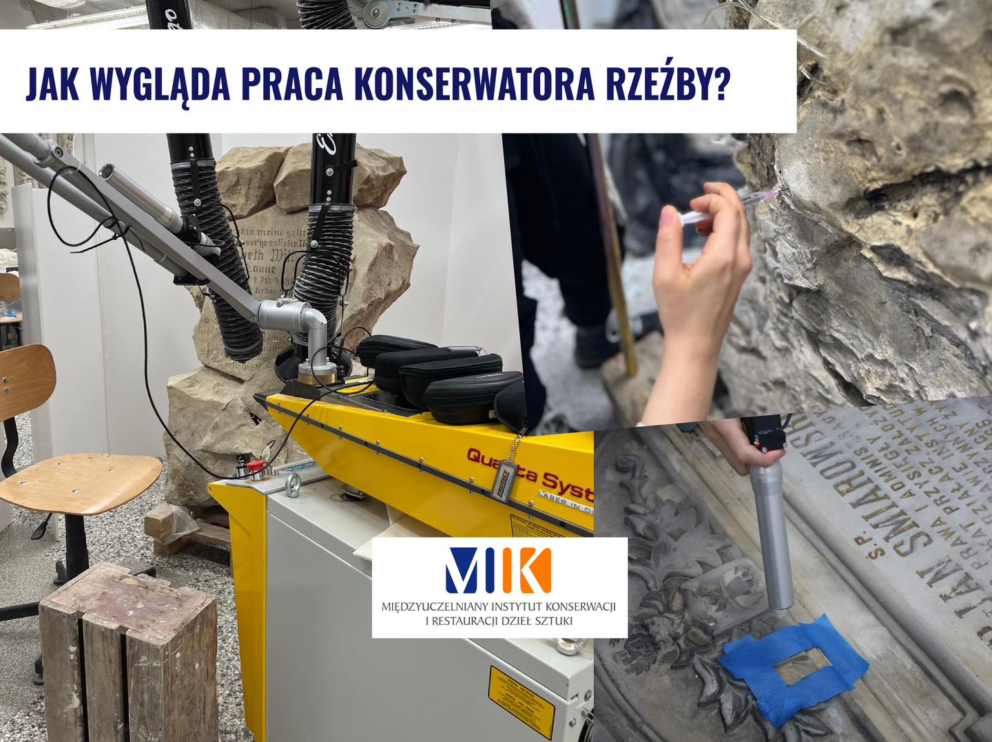 Zdjęcie przedstawia kolaż czterech fotografii z centralnym tytułem po polsku, który tłumaczy się jako “Jak wygląda praca konserwatora rzeźb?”.