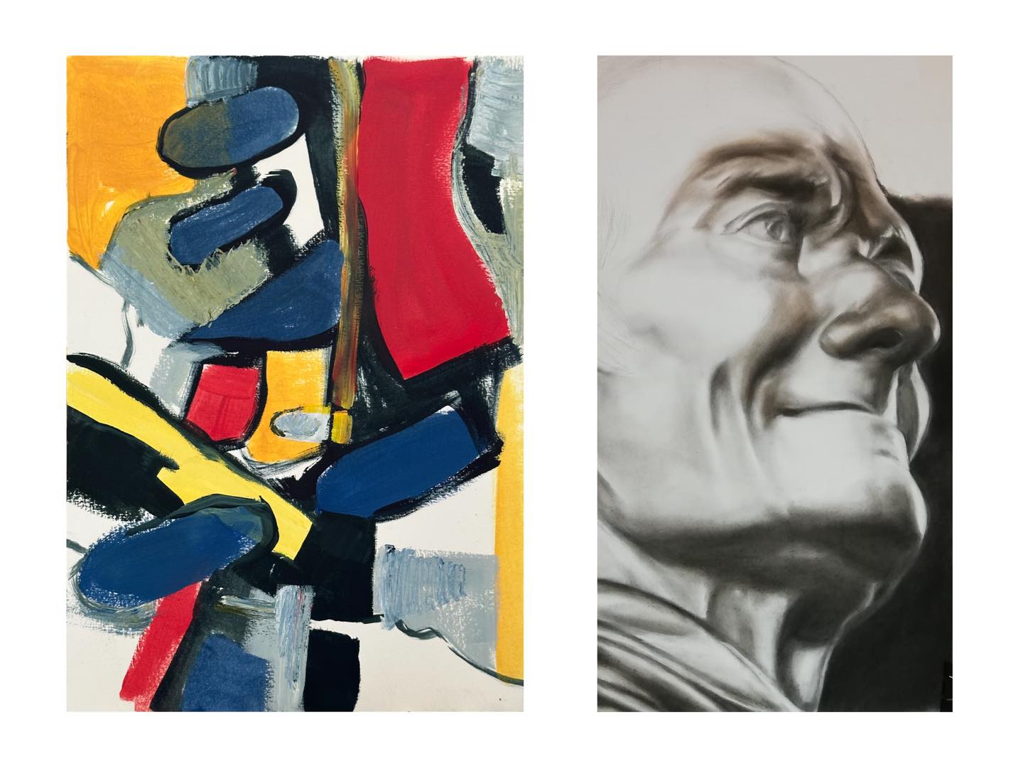 Zestawienie dwóch prac. Po lewej abstrakcja w żywych kolorach błękitu, czerwieni i żółcieni. Po prawej rysunek ludzkiej twarzy widzianej od dołu
