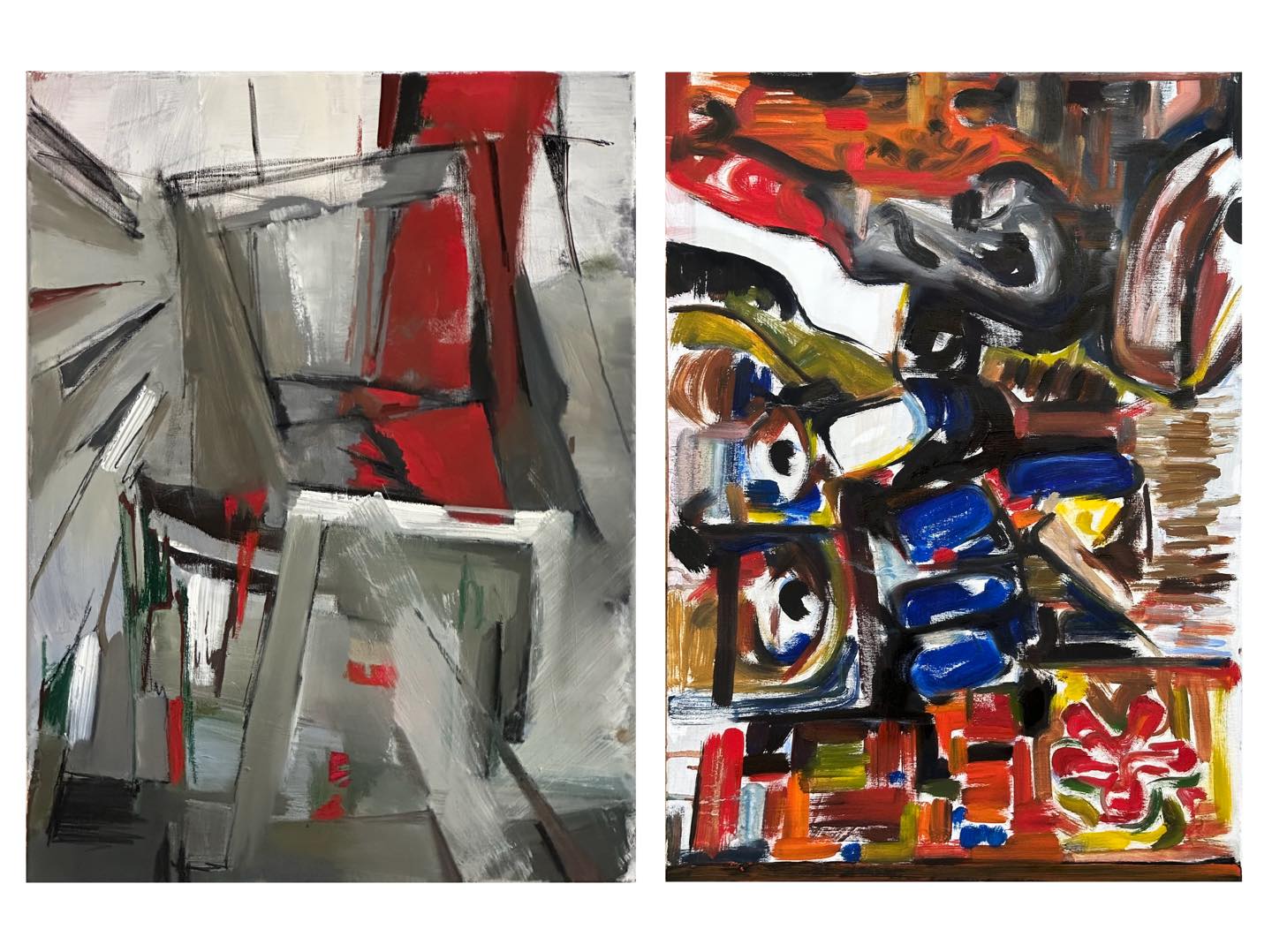 Zestawienie dwóch abstrakcyjnych prac. Po lewej prace utrzymana w kolorach szarości, po prawej w żywych kolorach błękitu, czerwieni i żółcieni