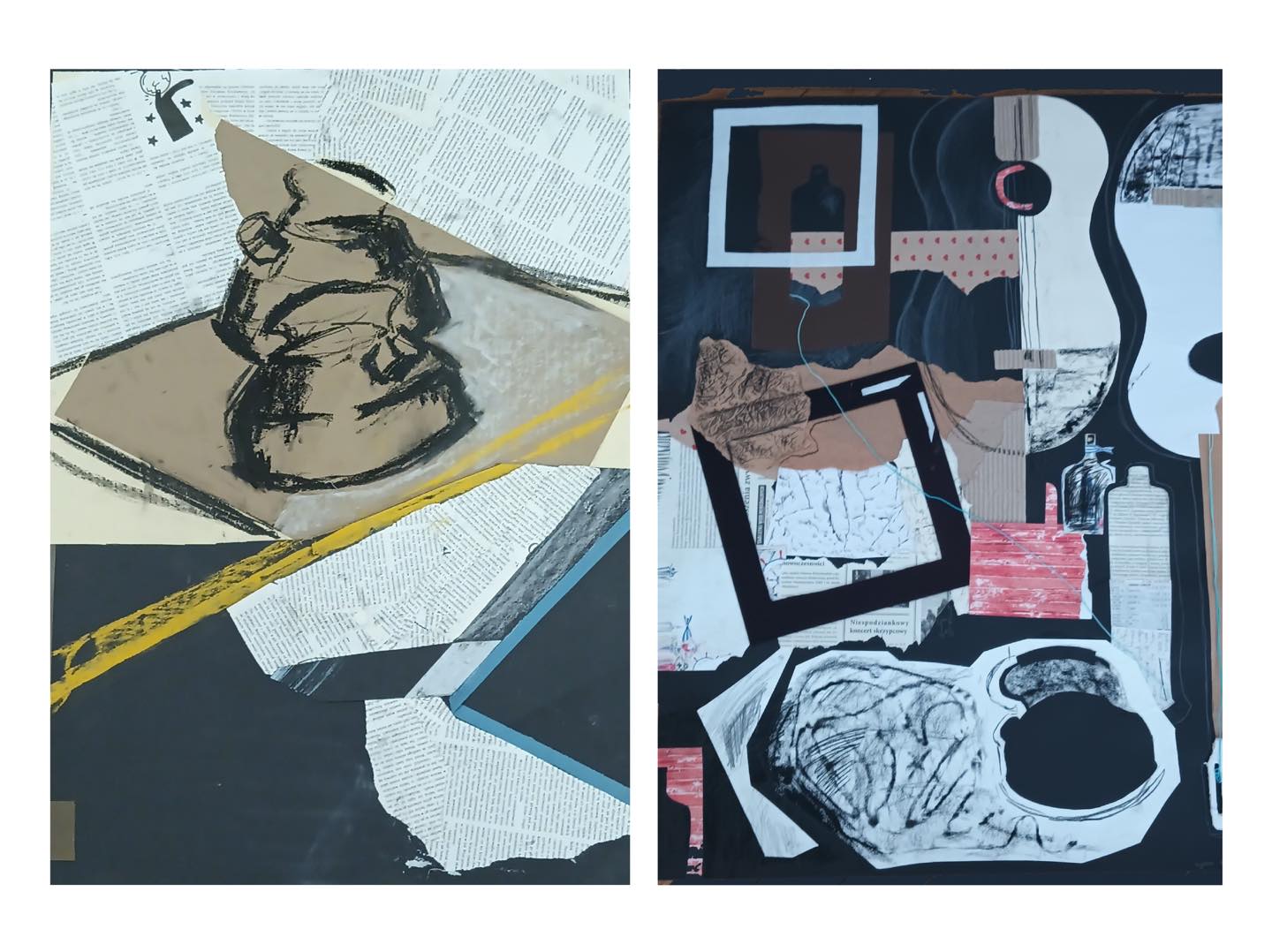 Zestawienie dwóch abstrakcyjnych prac wykorzystujących elementy kolażu w postaci gazet.