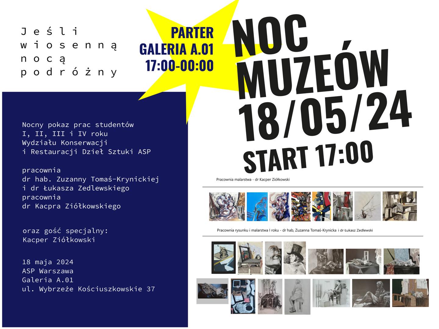 Plakat będący kolażem różnych zdjęć przedstawiających obrazy i rysunki. Napis opisują szczegóły wydarzenia