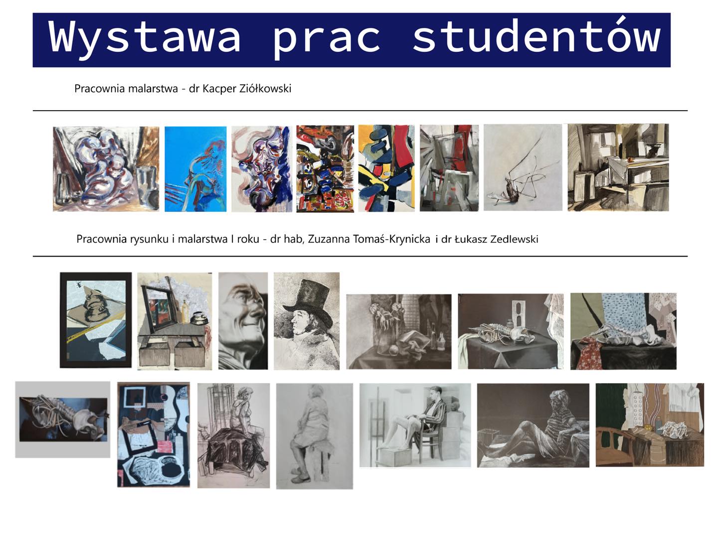 Plakat będący kolażem różnych zdjęć przedstawiających obrazy i rysunki. Napis opisują szczegóły wydarzenia