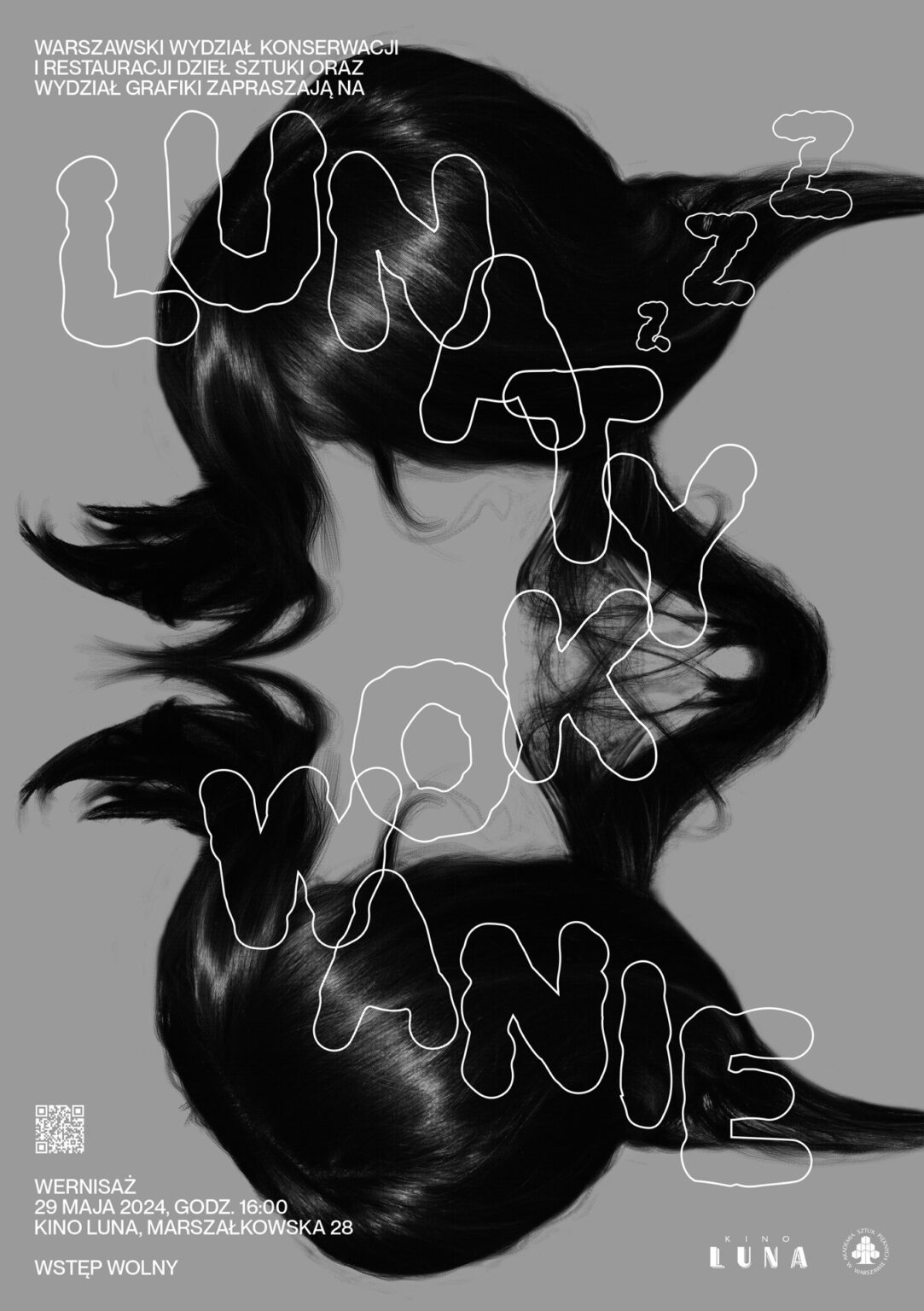 plakat wystawy przedstawiający ciemne włosy i ich lustrzane odbicie na szarym tle, jasne napisy