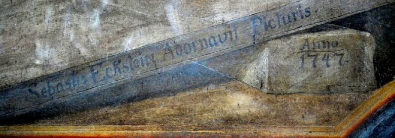 Sygnatura Sebastiana Eckstaina, fragment malowidła Złożenie do grobu, prezbiterium, ściana południowa