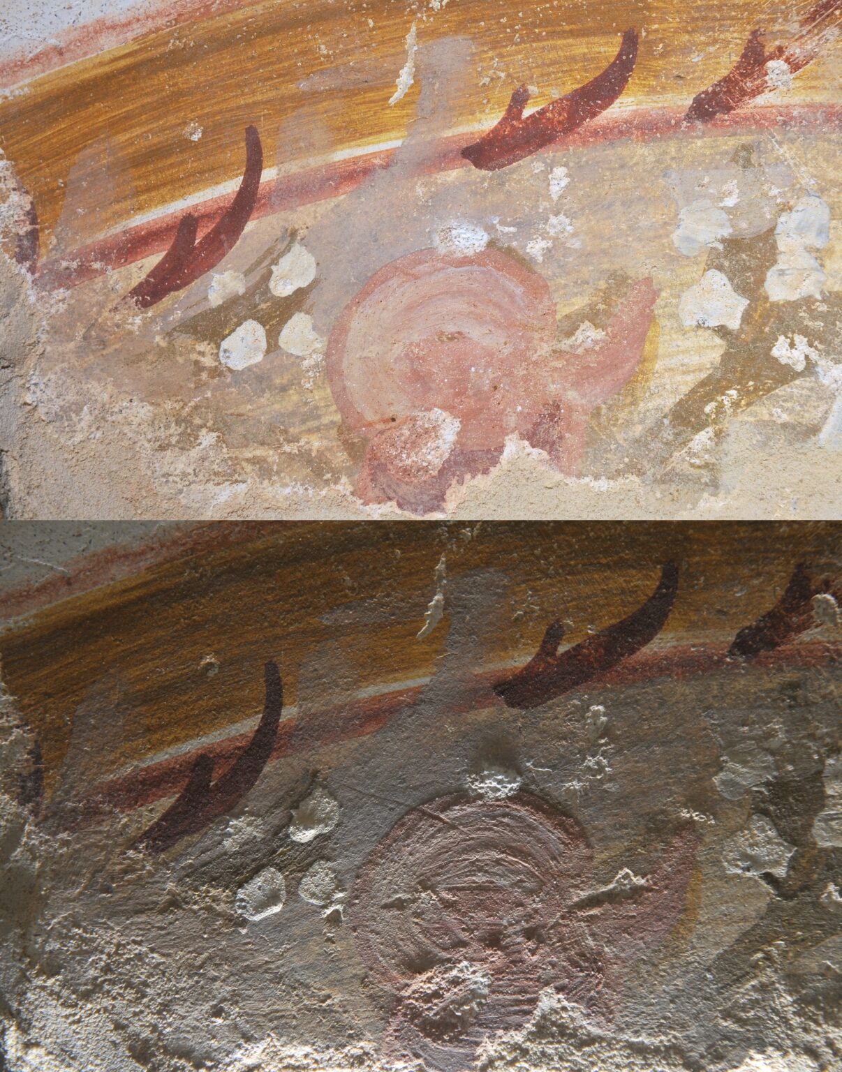 Fragment malowidła z Jiyeh (6 w.) w świetle rozproszonym i bocznym.