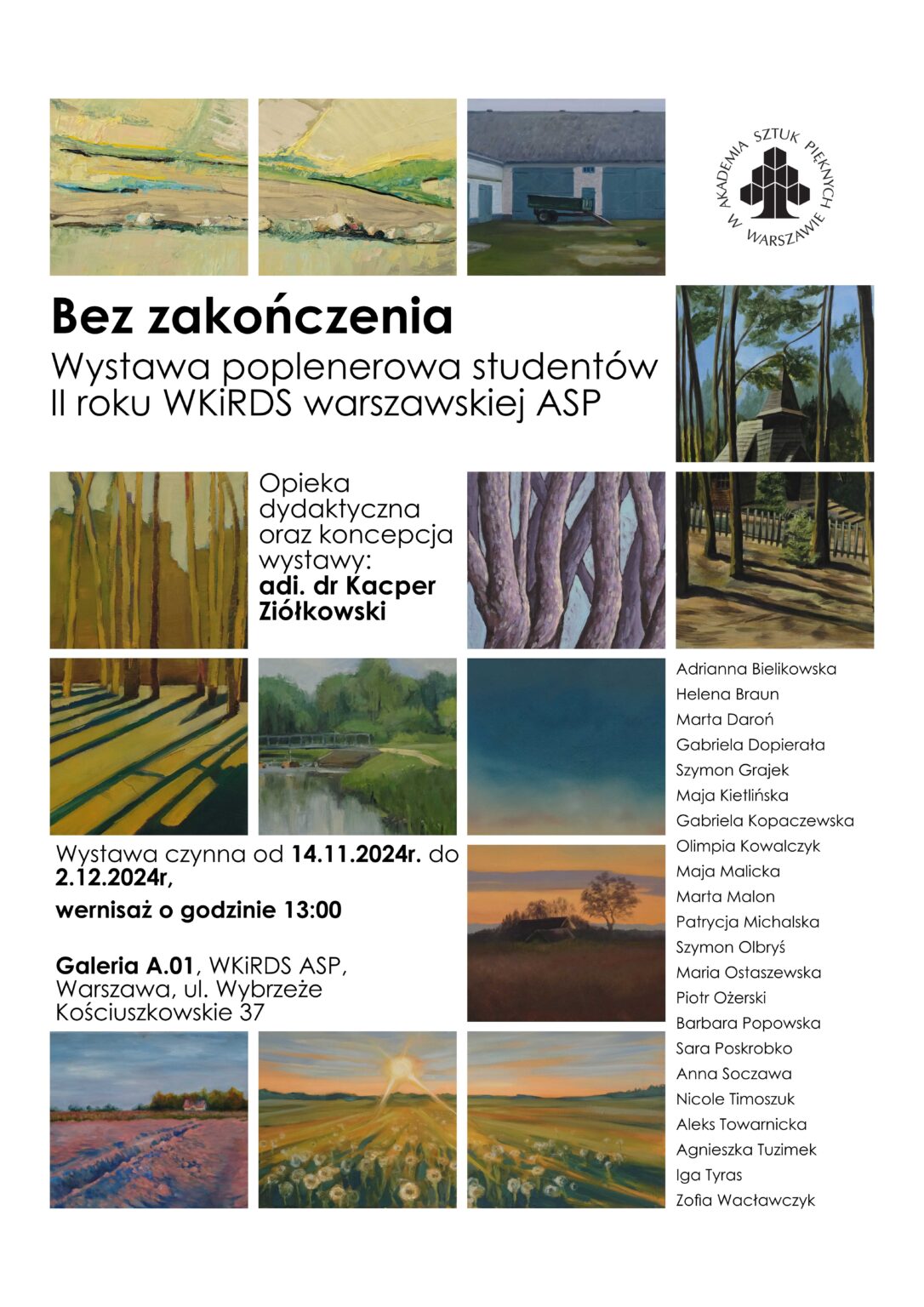 plakat wystawy, na białym tle w kwadratowych kafelkach umieszczone są zdjęcia prac z pleneru. Dookoła czarne napisy