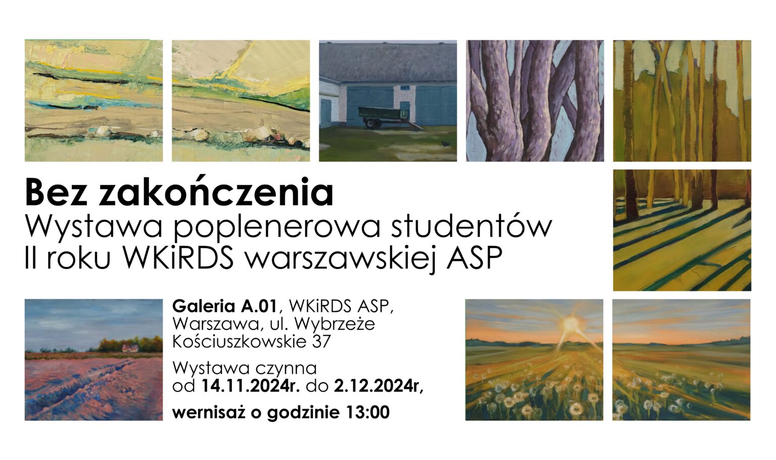 plakat wystawy, na białym tle w kwadratowych kafelkach umieszczone są zdjęcia prac z pleneru. Dookoła czarne napisy