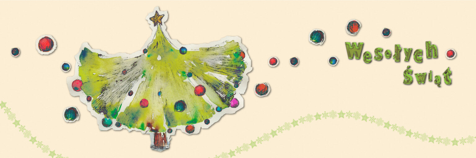 Alternatywny opis obrazu: Ilustracja przedstawia świąteczną choinkę w artystycznym, akwarelowym stylu. Choinka jest ozdobiona różnokolorowymi bombkami i zwieńczona złotą gwiazdą. W tle znajduje się kremowe tło, a po prawej stronie napis "Wesołych Świąt" wykonany ozdobną, zieloną czcionką. W dolnej części obrazu widoczna jest delikatna girlanda z zielonych gwiazdek. Całość ma radosny, świąteczny charakter.