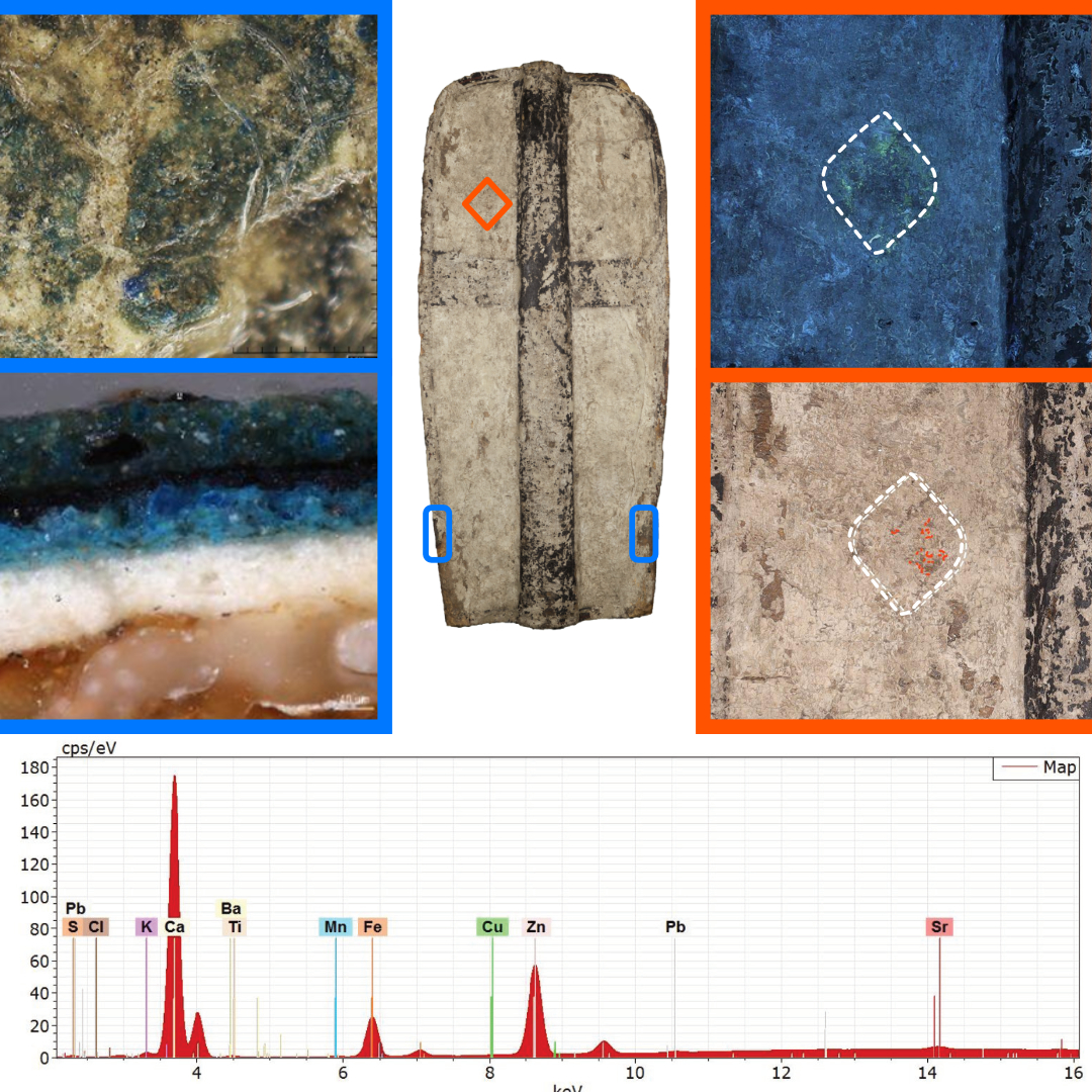 Analiza materiałowa tarczy rycerskiej. Zdjęcia ukazują szczegóły powierzchni, takie jak pigmenty i warstwy malarskie. Obok przedstawiono wykres spektrometryczny z analizą składu chemicznego materiałów.