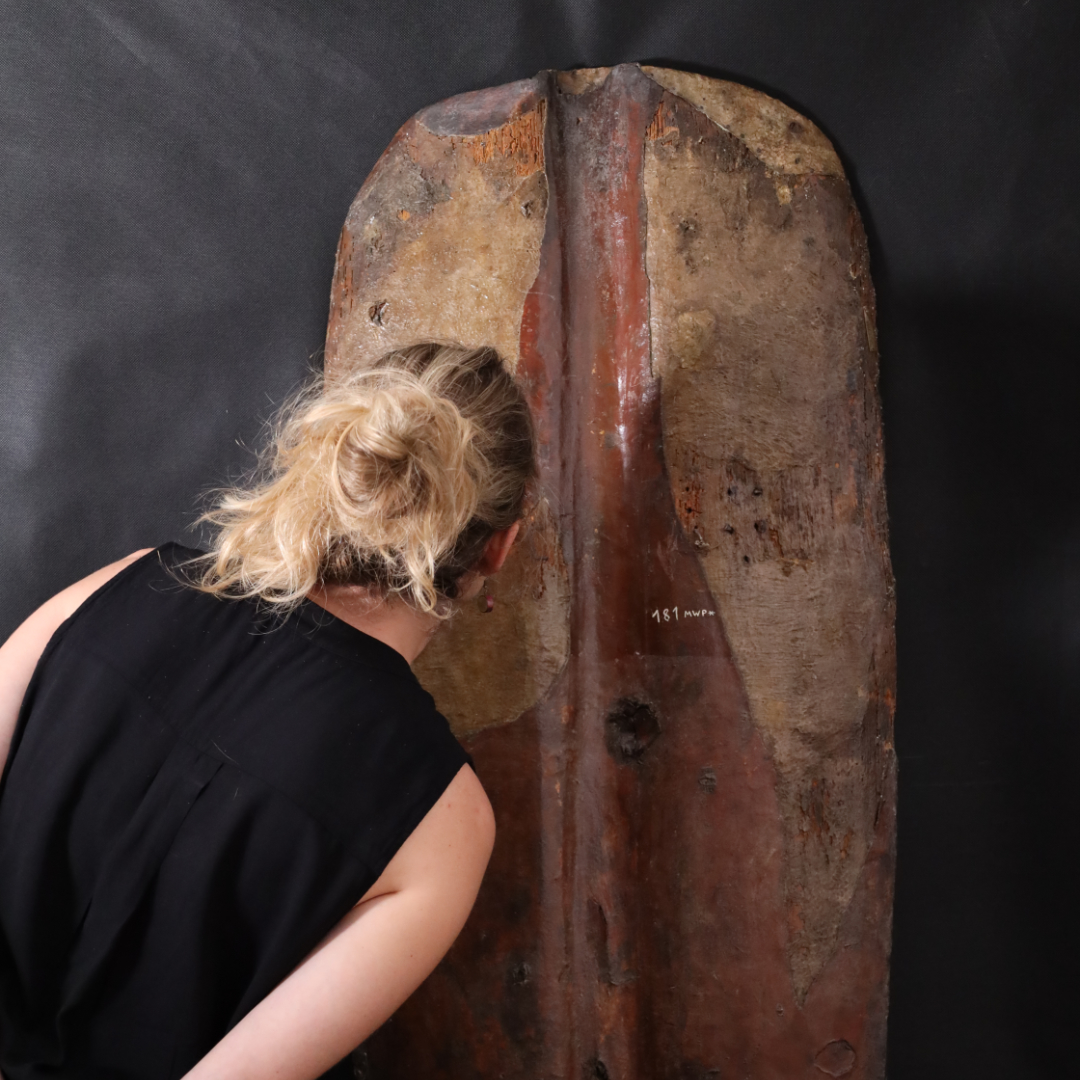 Kobieta przyglądająca się dokładnie tylnej stronie tarczy rycerskiej, analizując szczegóły jej konstrukcji. Tło jest czarne, co pozwala skupić uwagę na obiekcie.