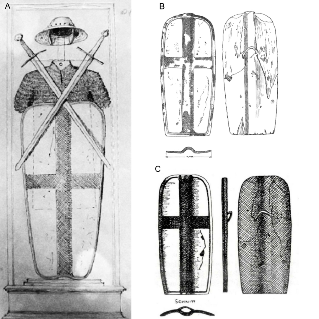 Rysunki i schematy tarcz rycerskich. Na ilustracjach widzimy zbroję złożoną z mieczy, kolczugi oraz tarczy z krzyżem. Dodatkowe rysunki przedstawiają przekroje i szczegóły budowy tarcz, ukazujące ich konstrukcję i wykończenie.