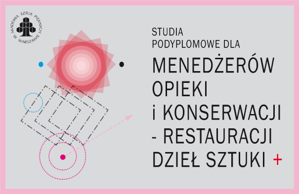 Wersja horyzontalna grafiki promującej studia podyplomowe na Akademii Sztuk Pięknych w Warszawie. Design i treść są zbliżone do wersji pionowej: utrzymane w minimalistycznym stylu, z widocznymi geometrycznymi elementami w podobnych kolorach. Napis główny jest czytelnie wyeksponowany, zajmując większość przestrzeni. Obok znajduje się logo uczelni.