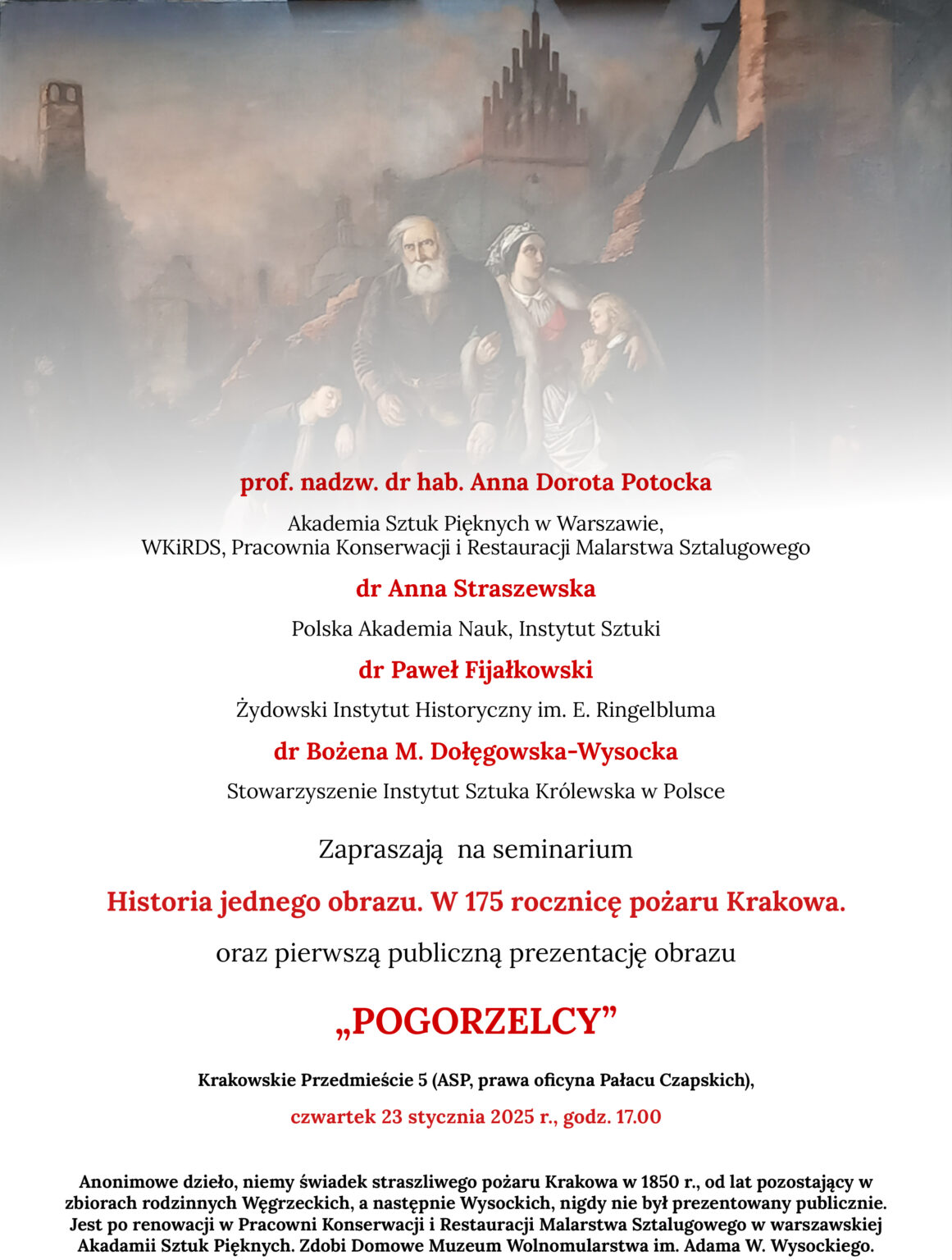 plakat seminarium, na białym tle, czarne i czerwone napisy, w tle z białego tła wyłania się obraz przedstawiający postacie na tle kościoła