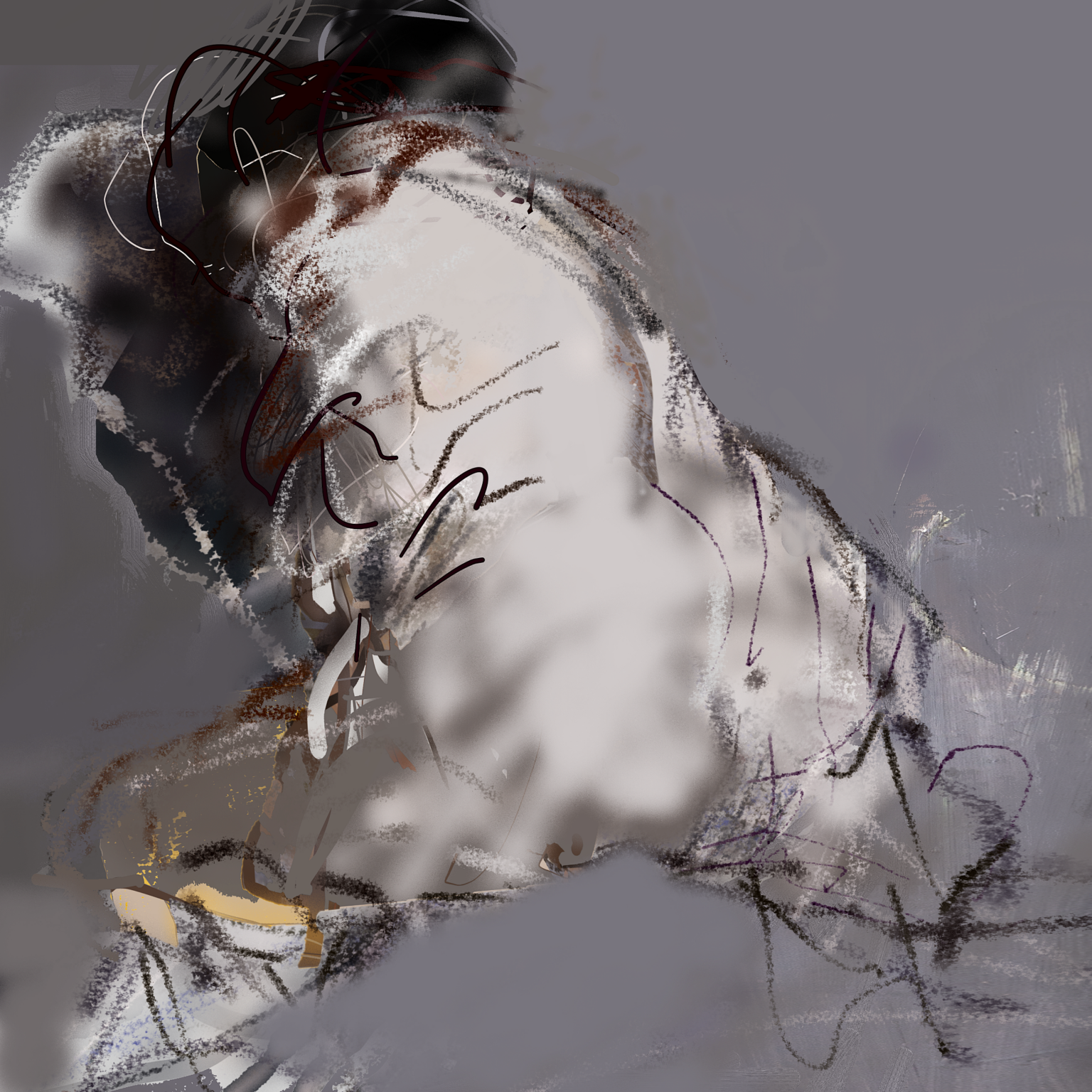 Ciemniejsza, melancholijna tonacja z przewagą zieleni, szarości i granatu. Centralna, zamglona postać zdaje się wynurzać z tła, z miękkimi liniami sugerującymi cielesność i ruch, lecz bez wyraźnych konturów