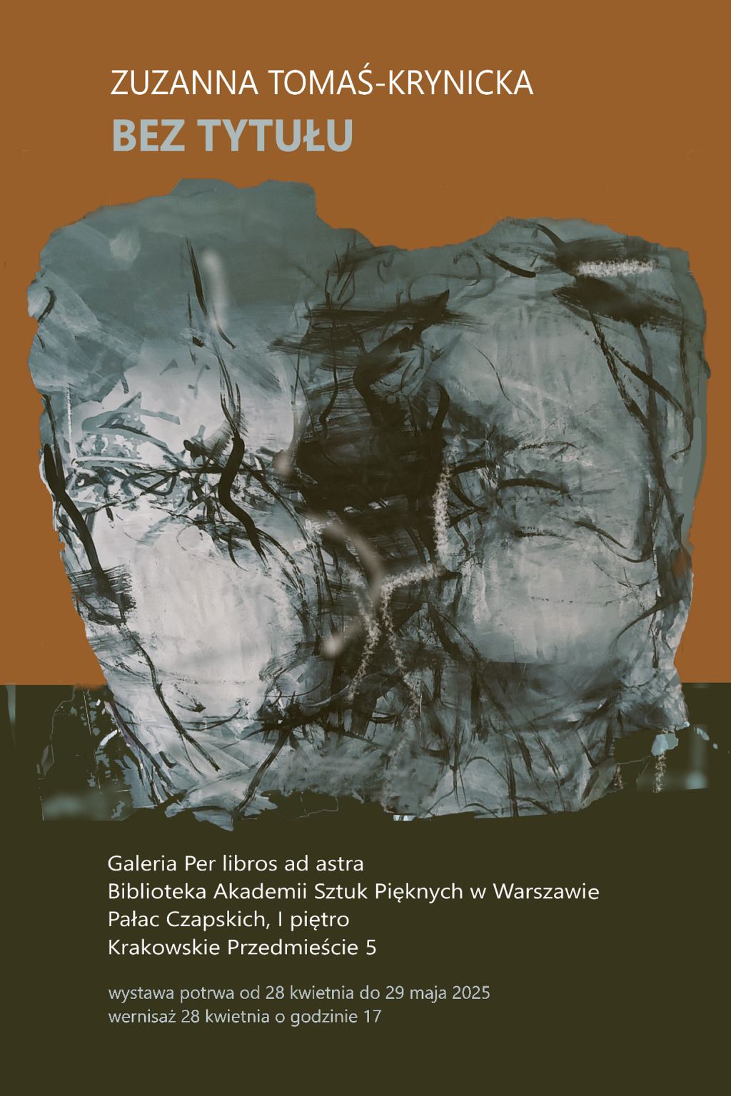 Tło w kolorze rdzawobrązowym z centralnie umieszczonym obrazem o abstrakcyjnym charakterze – dominują błękity, szarości i czernie. Tekst informacyjny u góry i na dole zapowiada wystawę prac Zuzanny Tomaś-Krynickiej pod tytułem „Bez tytułu” w Bibliotece Akademii Sztuk Pięknych w Warszawie