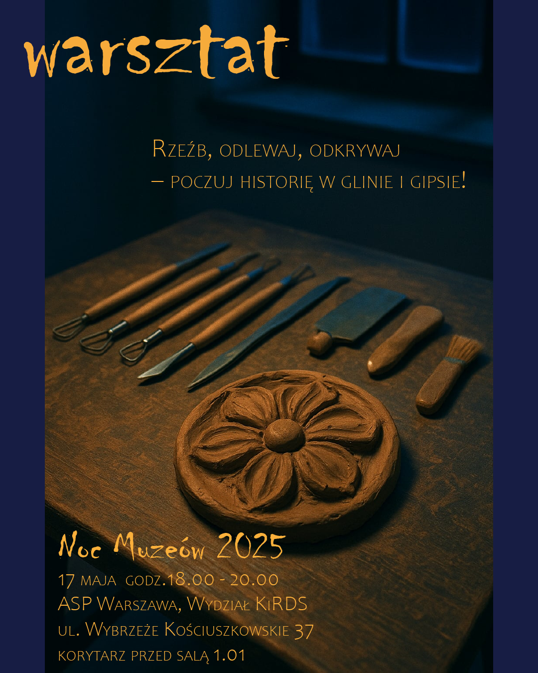 plakat wydarzenia, żółte litery na granatowym tle