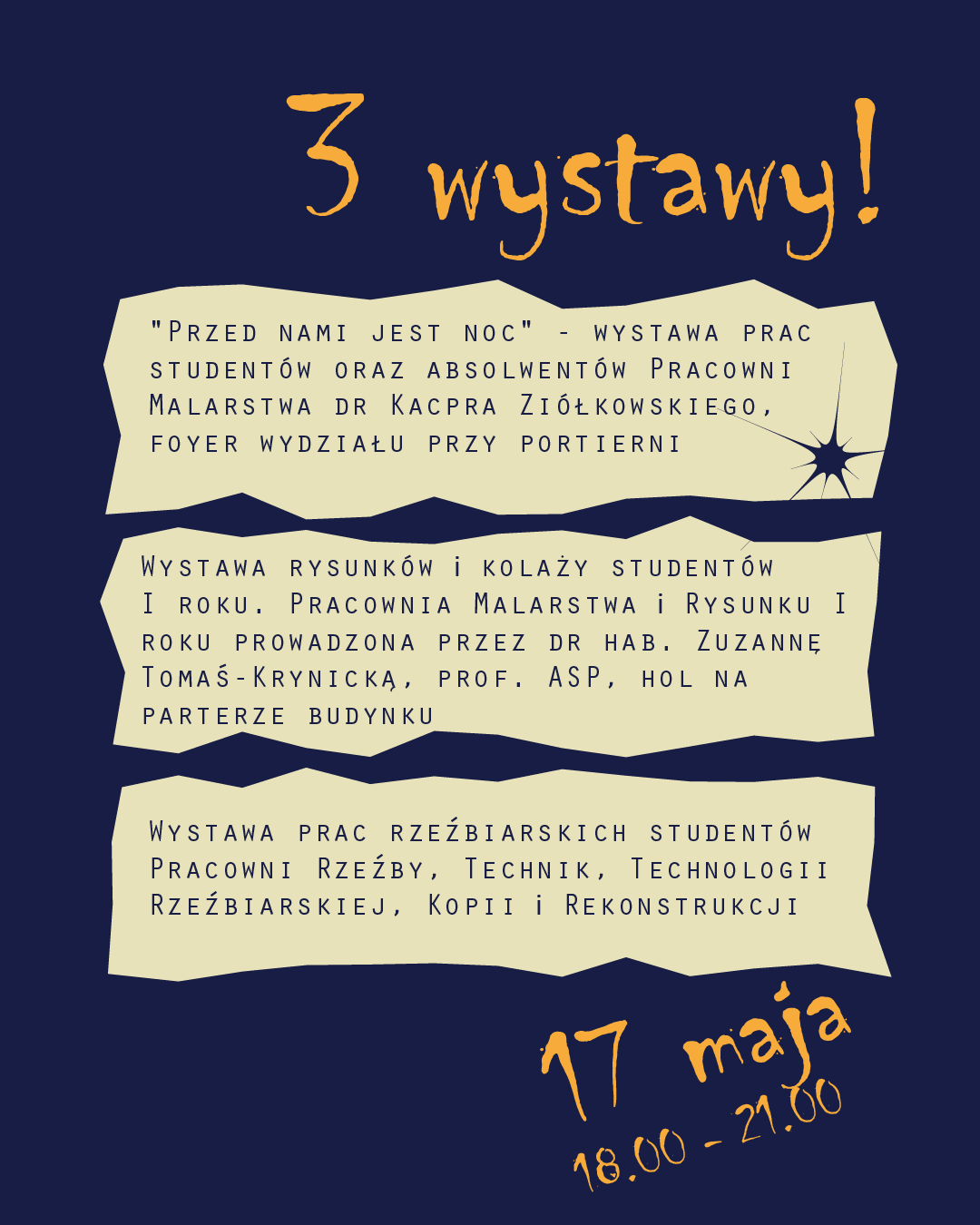 plakat wydarzenia, żółte litery na granatowym tle