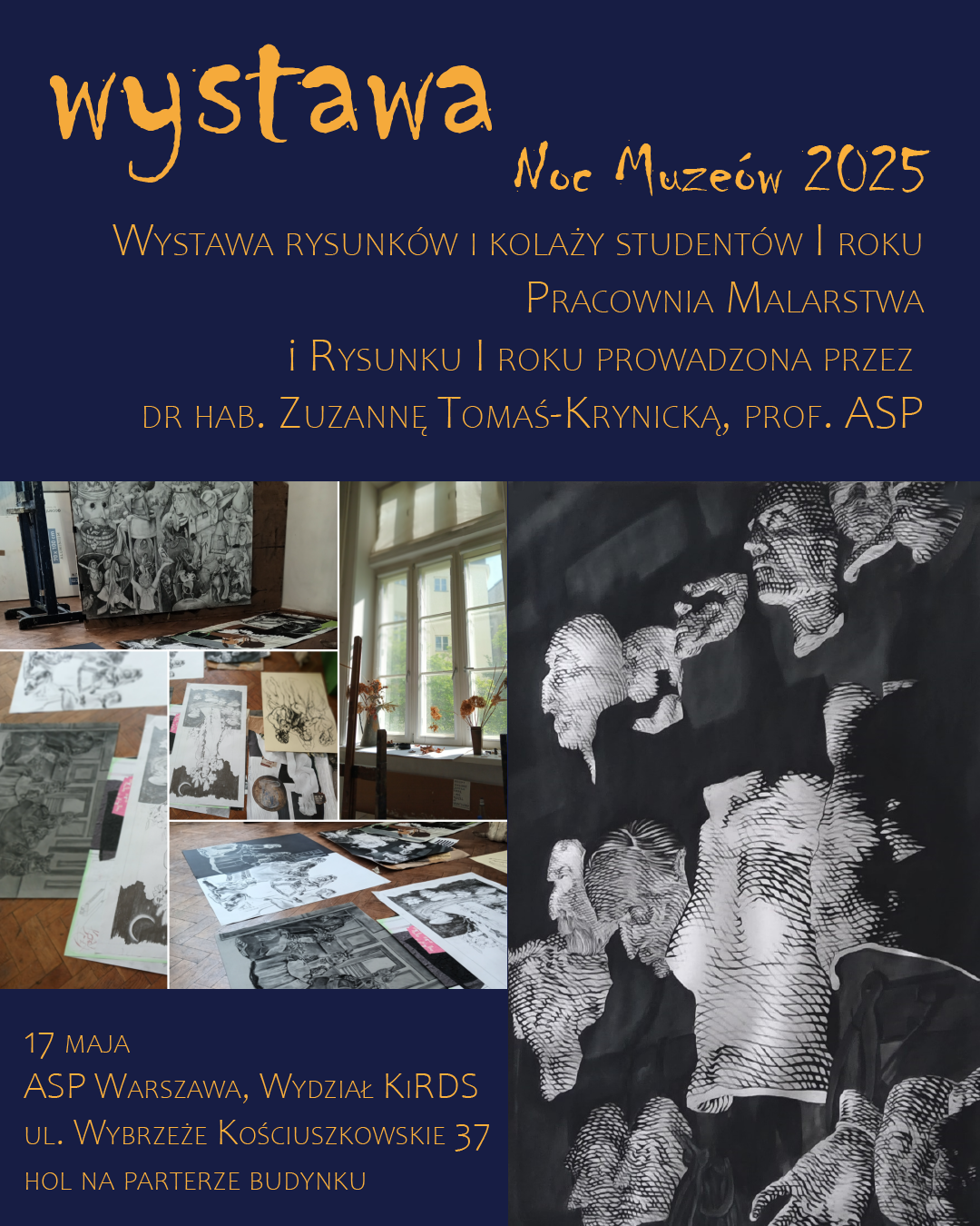 plakat wydarzenia, żółte litery na granatowym tle