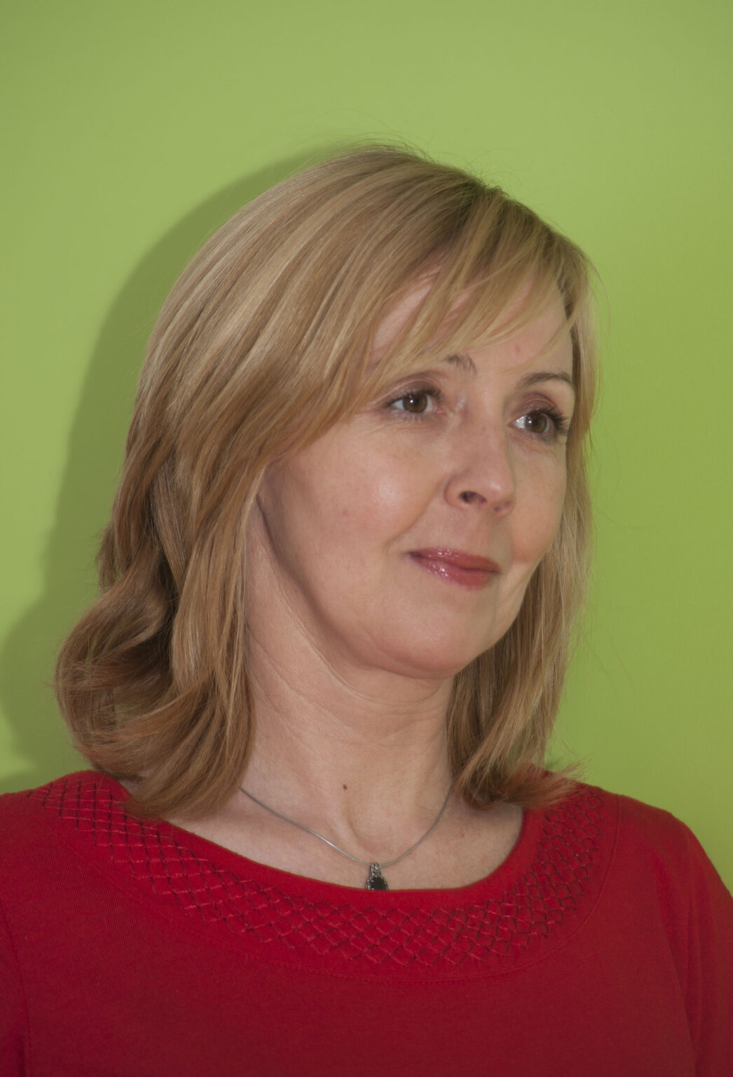 portret kobiety w czerwonej bluzce na zielonym tle. W ujęciu 3/4