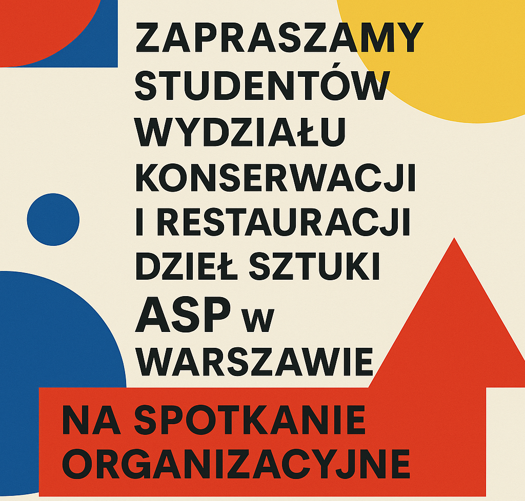 plakat, na jasnym tle niebieskie, żółte i czerwone figury geometryczne. Na ich tle czarne litery