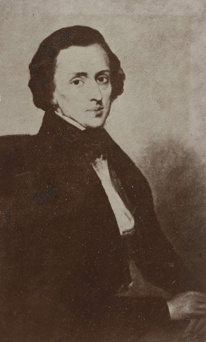 portret w sepii, ukazujący mężczyznę w surducie, długie włosy zaczesane do tyłu.