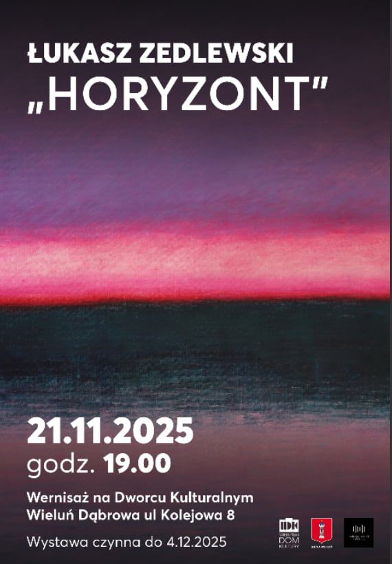 Abstrakcyjny pejzaż z linią horyzontu w różowo-fioletowej tonacji; poniżej tekst z tytułem wystawy, datą i adresem.