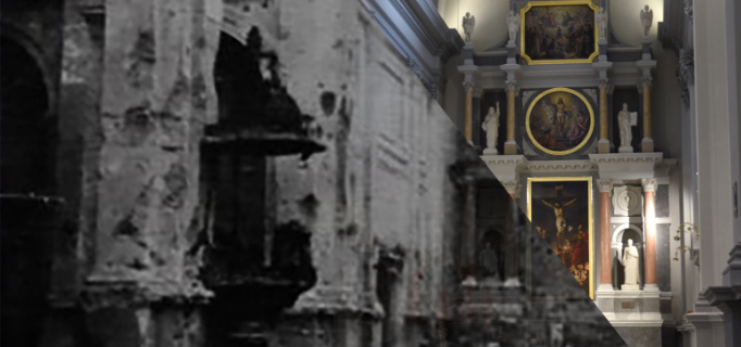 wnętrze kościoła, czarno białe zdjęcie i po prawej stronie fragment odnowionego ołtarza