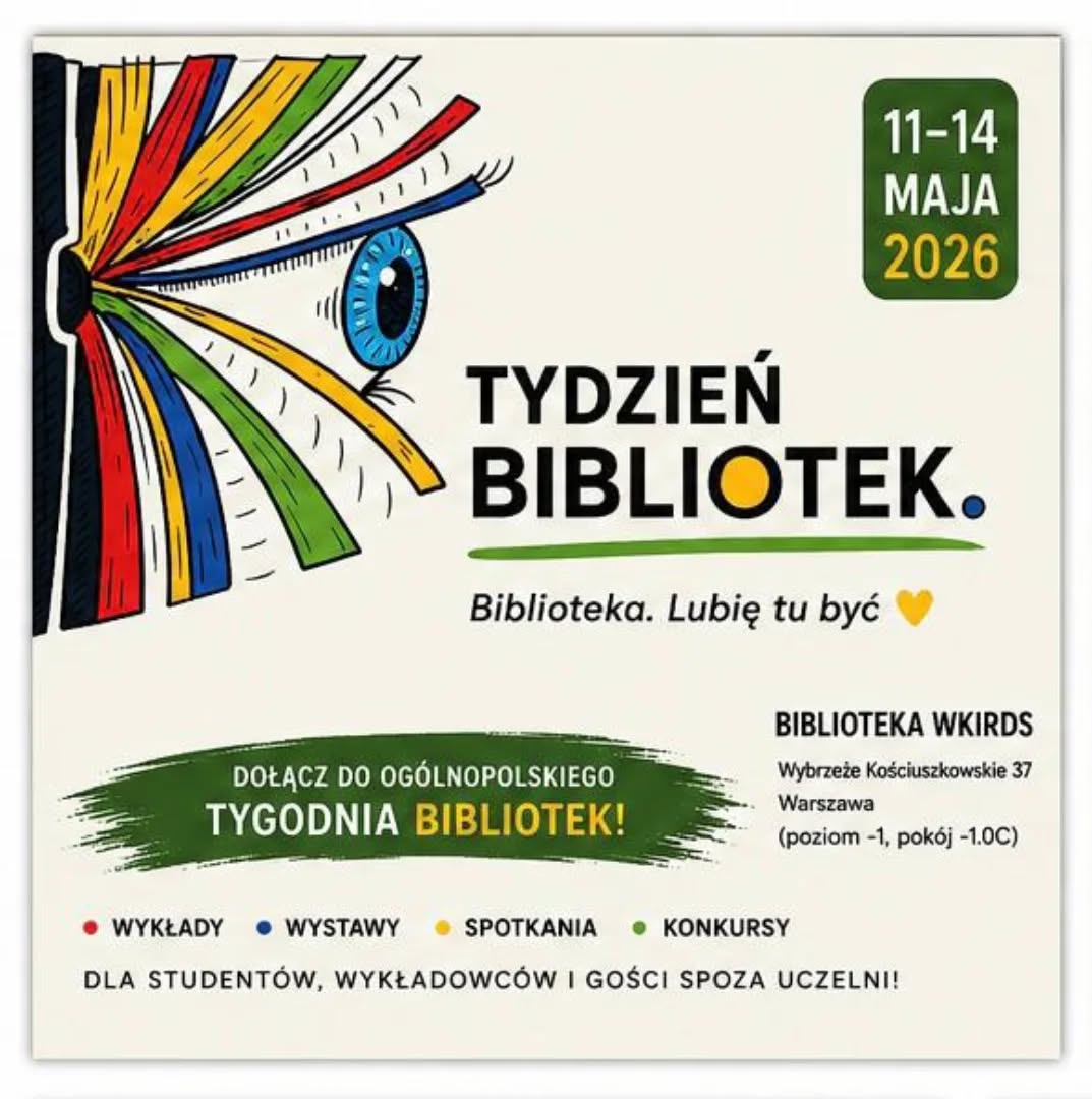 Grafiki promują „Tydzień Bibliotek” organizowany przez bibliotekę Wydziału Konserwacji i Restauracji Dzieł Sztuki ASP w Warszawie. Plakaty utrzymane są w jasnej kolorystyce z zielonymi, żółtymi, czerwonymi i niebieskimi akcentami oraz ilustracjami książek, filiżanki kawy, żarówki i dekoracyjnych motywów roślinnych. Materiały informują o wydarzeniach odbywających się w dniach 11–14 maja 2026 roku, m.in. wystawie akwareli, spotkaniach i dyskusjach dotyczących konserwacji oraz historii sztuki, a także konkursach i aktywnościach dla studentów, wykładowców i gości spoza uczelni. Na plakatach znajdują się także dane kontaktowe biblioteki oraz hasła zachęcające do odwiedzin i udziału w wydarzeniach.