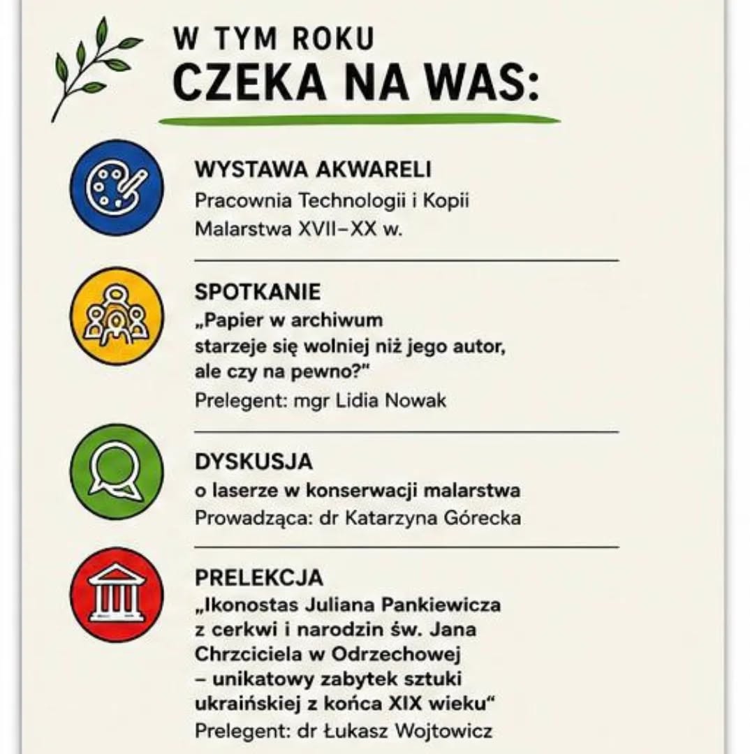 Grafiki promują „Tydzień Bibliotek” organizowany przez bibliotekę Wydziału Konserwacji i Restauracji Dzieł Sztuki ASP w Warszawie. Plakaty utrzymane są w jasnej kolorystyce z zielonymi, żółtymi, czerwonymi i niebieskimi akcentami oraz ilustracjami książek, filiżanki kawy, żarówki i dekoracyjnych motywów roślinnych. Materiały informują o wydarzeniach odbywających się w dniach 11–14 maja 2026 roku, m.in. wystawie akwareli, spotkaniach i dyskusjach dotyczących konserwacji oraz historii sztuki, a także konkursach i aktywnościach dla studentów, wykładowców i gości spoza uczelni. Na plakatach znajdują się także dane kontaktowe biblioteki oraz hasła zachęcające do odwiedzin i udziału w wydarzeniach.