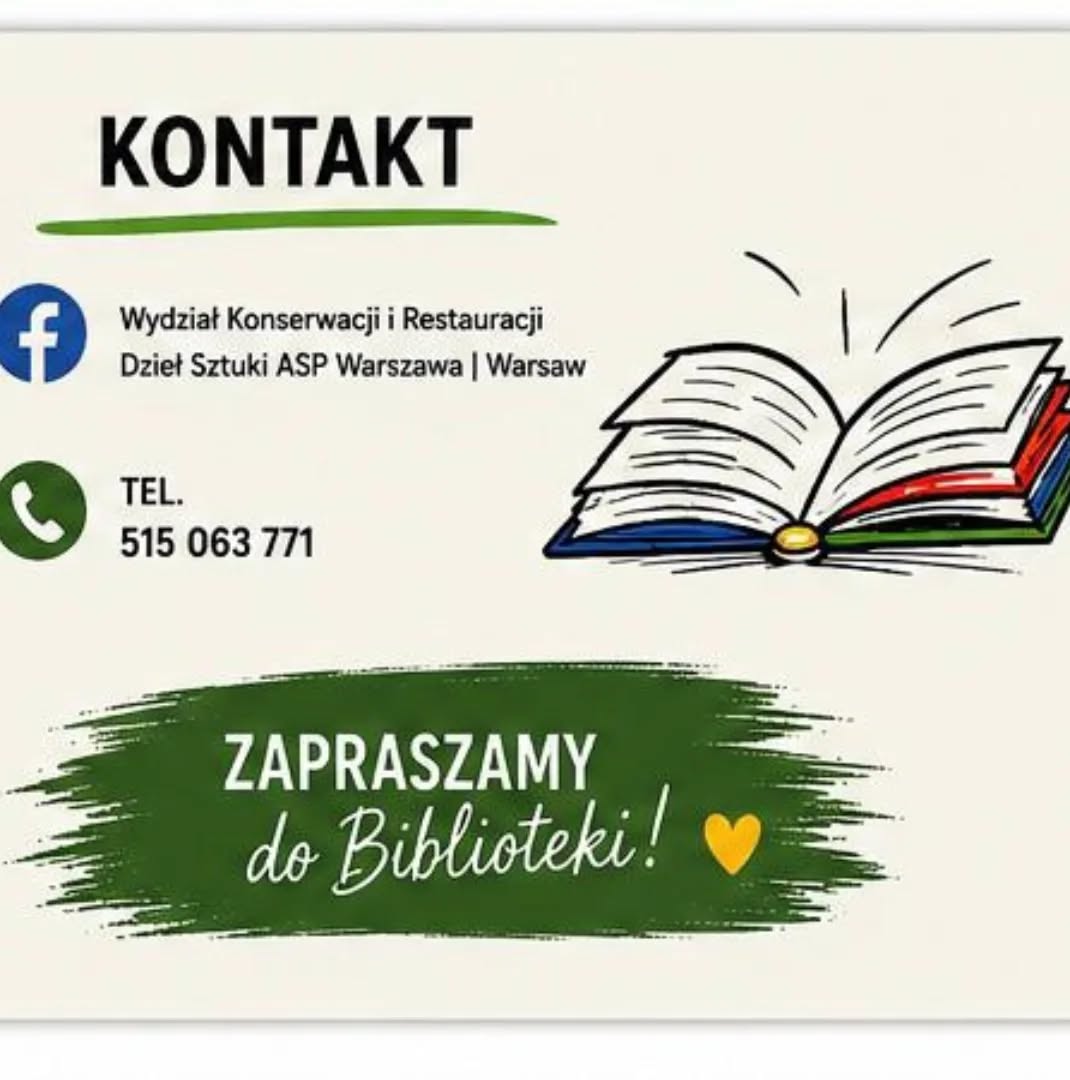 Grafiki promują „Tydzień Bibliotek” organizowany przez bibliotekę Wydziału Konserwacji i Restauracji Dzieł Sztuki ASP w Warszawie. Plakaty utrzymane są w jasnej kolorystyce z zielonymi, żółtymi, czerwonymi i niebieskimi akcentami oraz ilustracjami książek, filiżanki kawy, żarówki i dekoracyjnych motywów roślinnych. Materiały informują o wydarzeniach odbywających się w dniach 11–14 maja 2026 roku, m.in. wystawie akwareli, spotkaniach i dyskusjach dotyczących konserwacji oraz historii sztuki, a także konkursach i aktywnościach dla studentów, wykładowców i gości spoza uczelni. Na plakatach znajdują się także dane kontaktowe biblioteki oraz hasła zachęcające do odwiedzin i udziału w wydarzeniach.