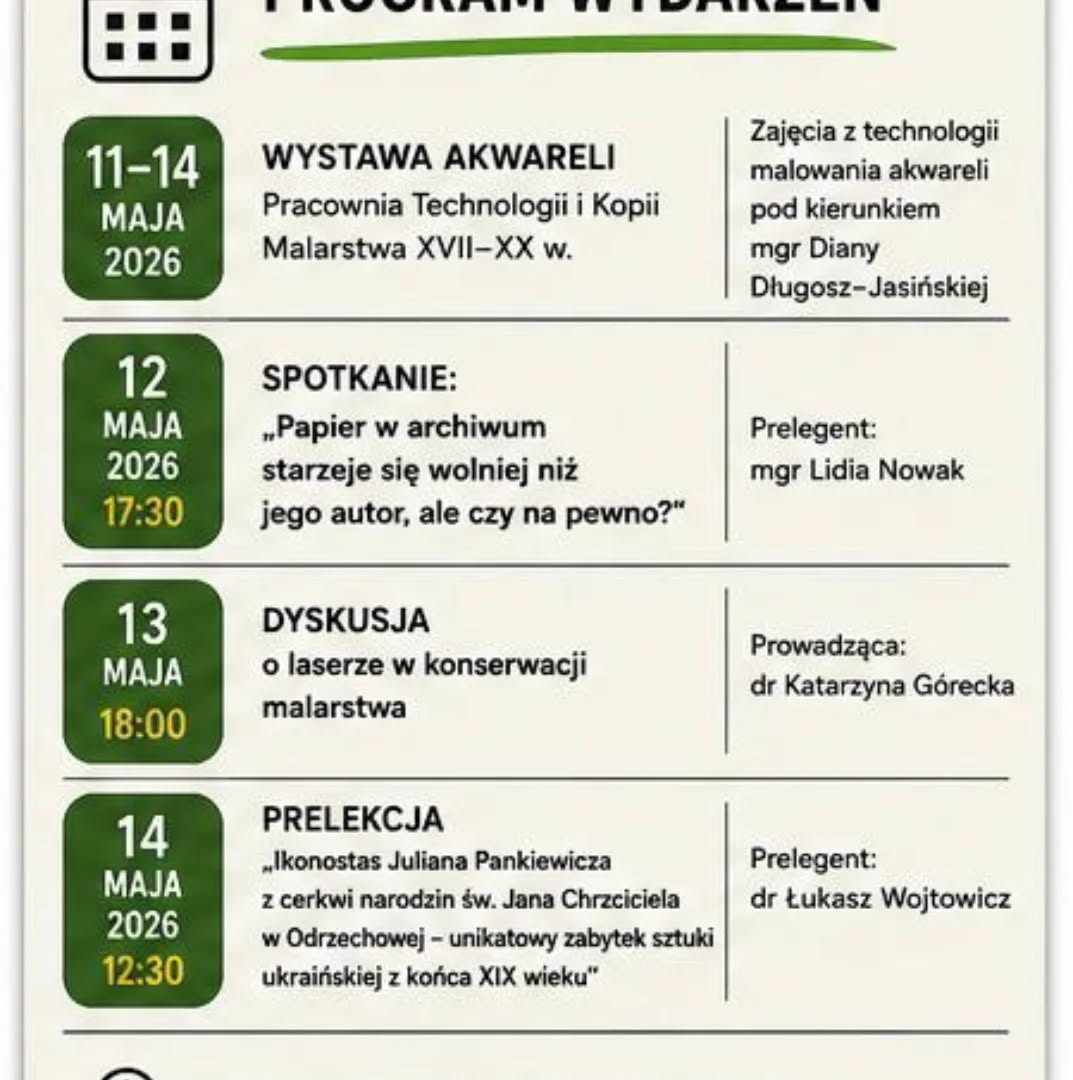 Grafiki promują „Tydzień Bibliotek” organizowany przez bibliotekę Wydziału Konserwacji i Restauracji Dzieł Sztuki ASP w Warszawie. Plakaty utrzymane są w jasnej kolorystyce z zielonymi, żółtymi, czerwonymi i niebieskimi akcentami oraz ilustracjami książek, filiżanki kawy, żarówki i dekoracyjnych motywów roślinnych. Materiały informują o wydarzeniach odbywających się w dniach 11–14 maja 2026 roku, m.in. wystawie akwareli, spotkaniach i dyskusjach dotyczących konserwacji oraz historii sztuki, a także konkursach i aktywnościach dla studentów, wykładowców i gości spoza uczelni. Na plakatach znajdują się także dane kontaktowe biblioteki oraz hasła zachęcające do odwiedzin i udziału w wydarzeniach.