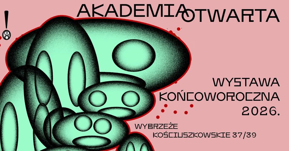 plakat wystawy. Zielone organiczne formy na różowym tle. Czarne napisy w tle.